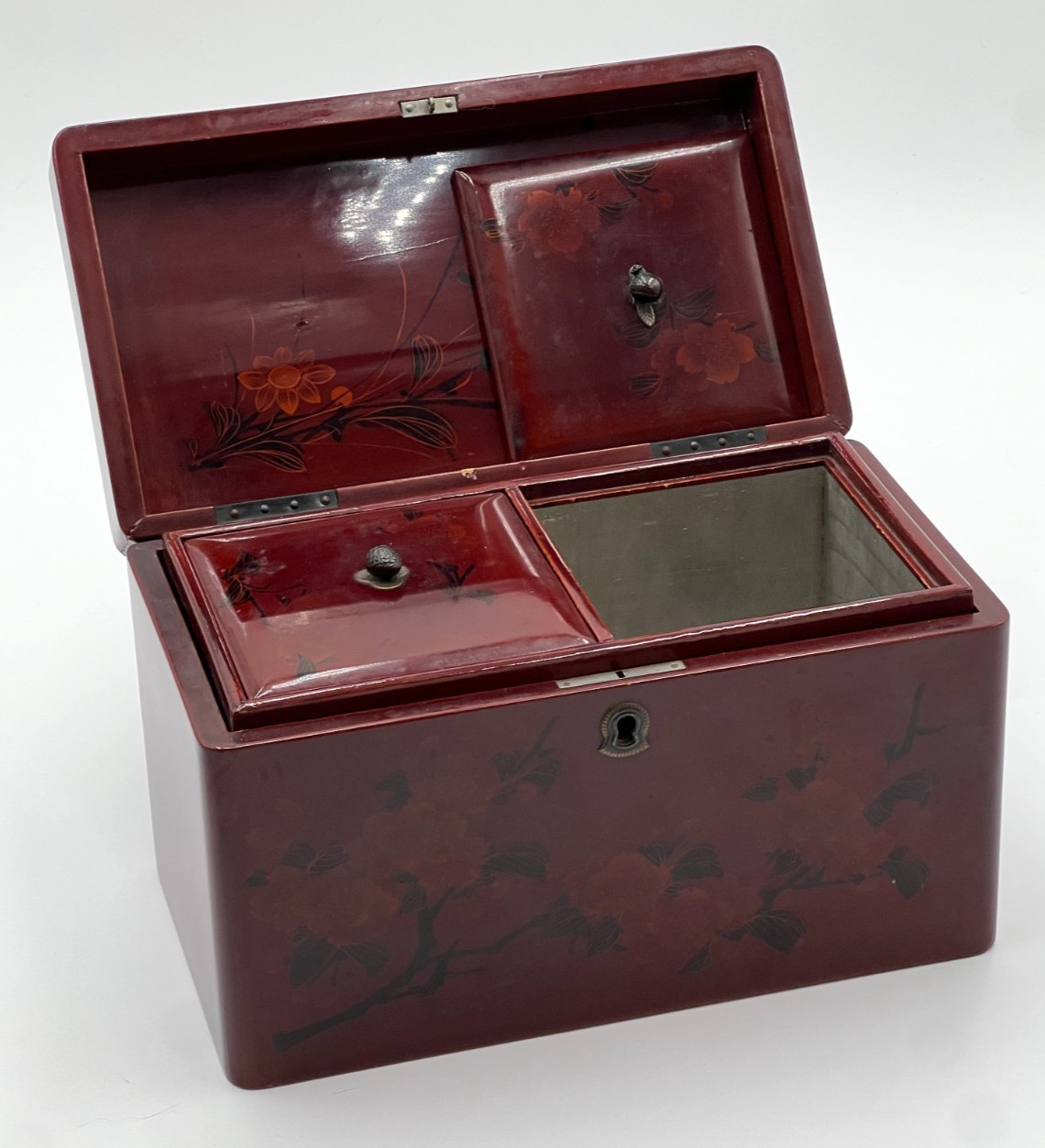 Lacquerware Tea Caddy, LARGE, Japanese Meiji Red Lacquerware with River Scene Lacquerware Tea Caddy, LARGE, Japanese Meiji Red Lacquerware with River Scene