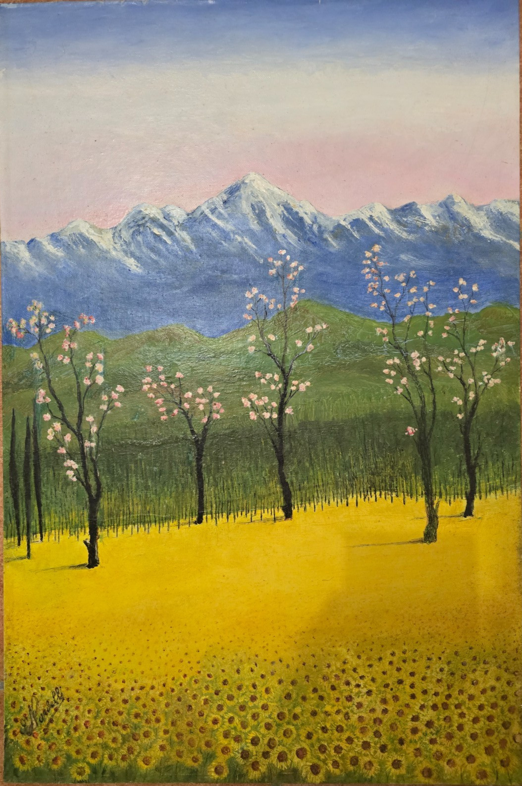 Original Italian Landscape Oil Painting-Sunflowers Field and Mountains Wall Art Original Italian Landscape Oil Painting-Sunflowers Field and Mountains Wall Art