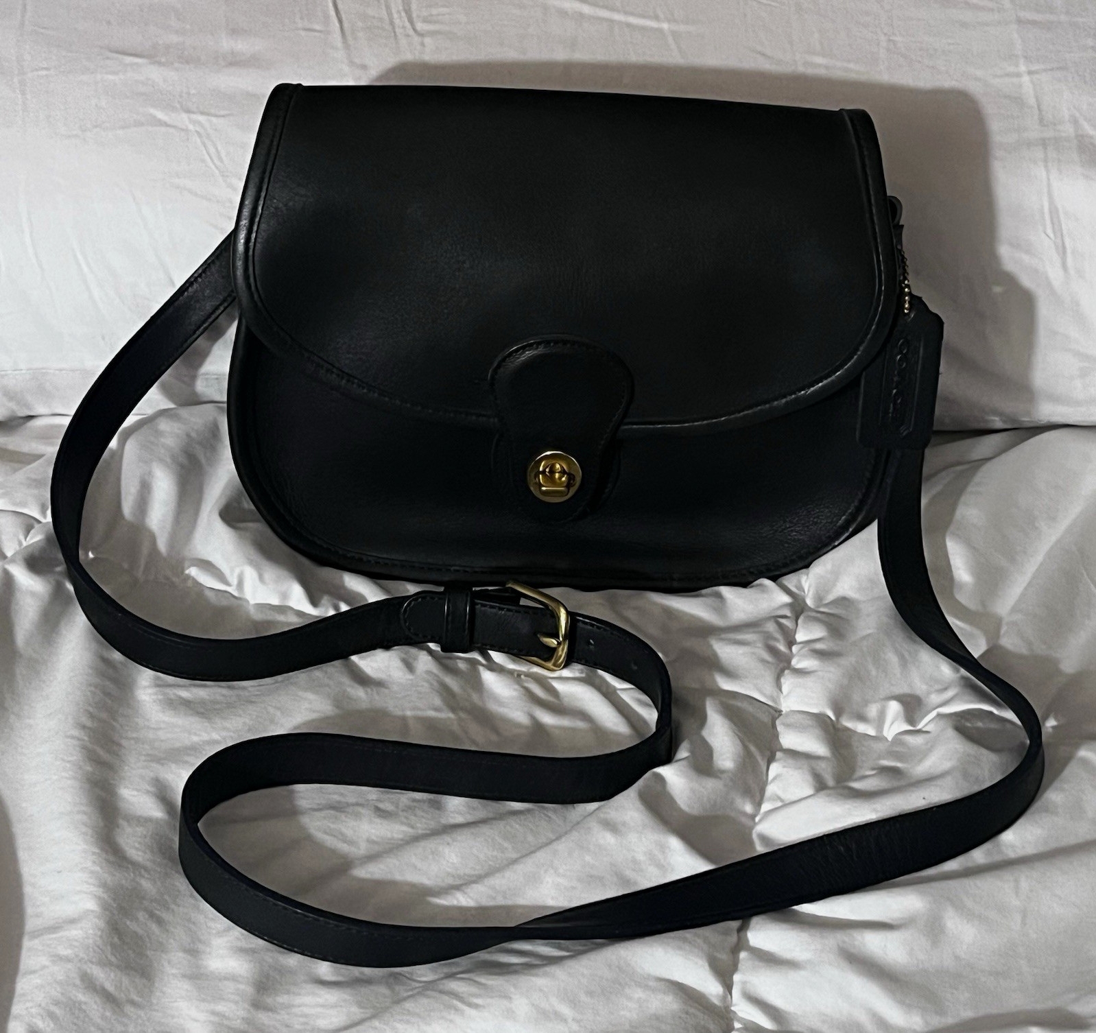 Vintage Coach Black Crossbody Bag Turn Lock Flap Gold Hardware, #E8C 9954 Vintage Coach Black Crossbody Bag Turn Lock Flap Gold Hardware, #E8C 9954
