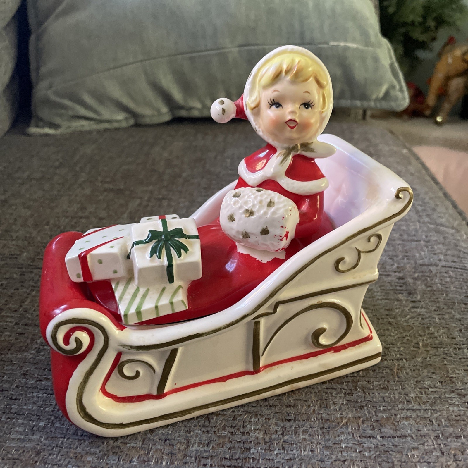 Vintage 2 pc Lefton ?Girl in Sleigh Christmas Covered Candy Dish Vintage 2 pc Lefton ?Girl in Sleigh Christmas Covered Candy Dish
