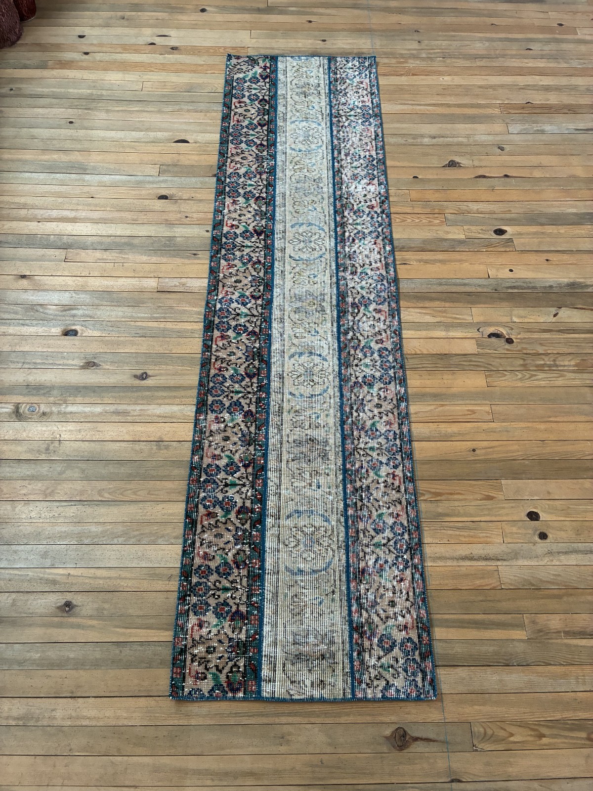 Vintage Turkish Patchwork Rug 2x8 Beige Cream Blue Wool Hand Knotted Runner