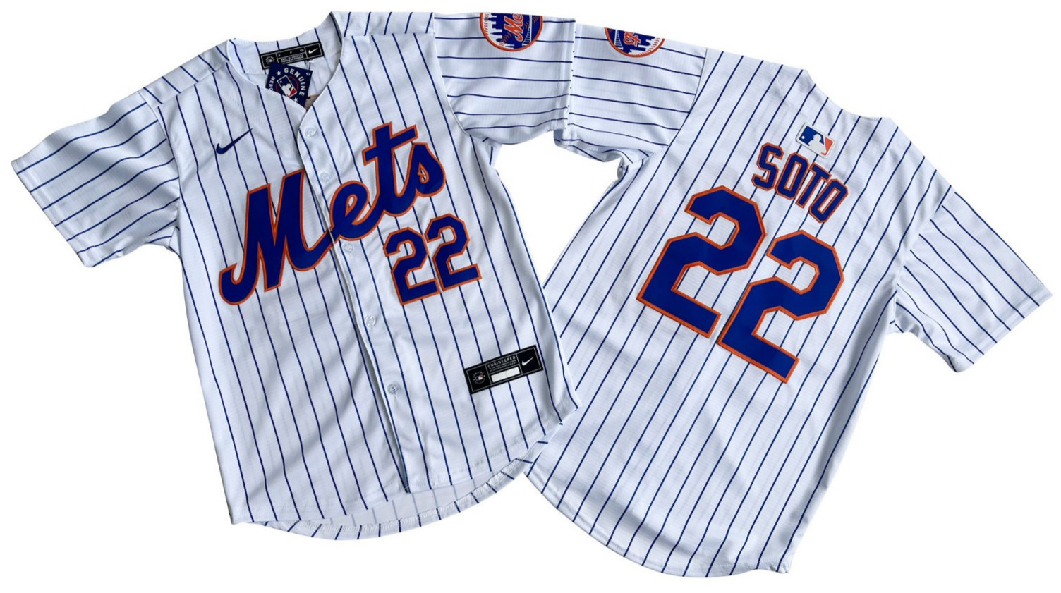 ​​Tariffs​ Free YOUTH'S Mets #22 Juan Soto White Stripe Cool Base Sewn Jersey.