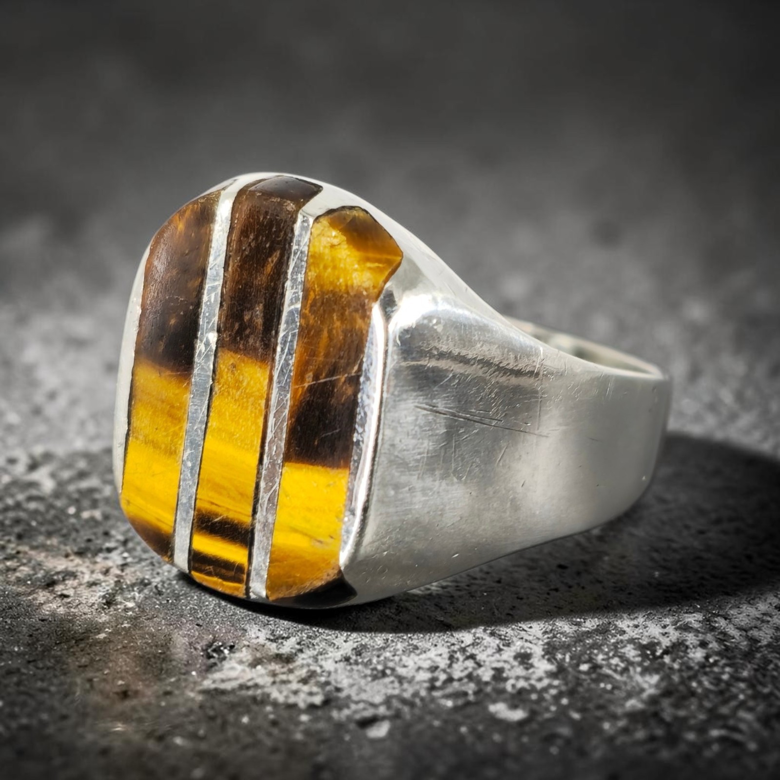 VTG JQM Moreno Mexico 925 Sterling Silver Modernist Tigers Eye Inlay Ring 11 VTG JQM Moreno Mexico 925 Sterling Silver Modernist Tigers Eye Inlay Ring 11