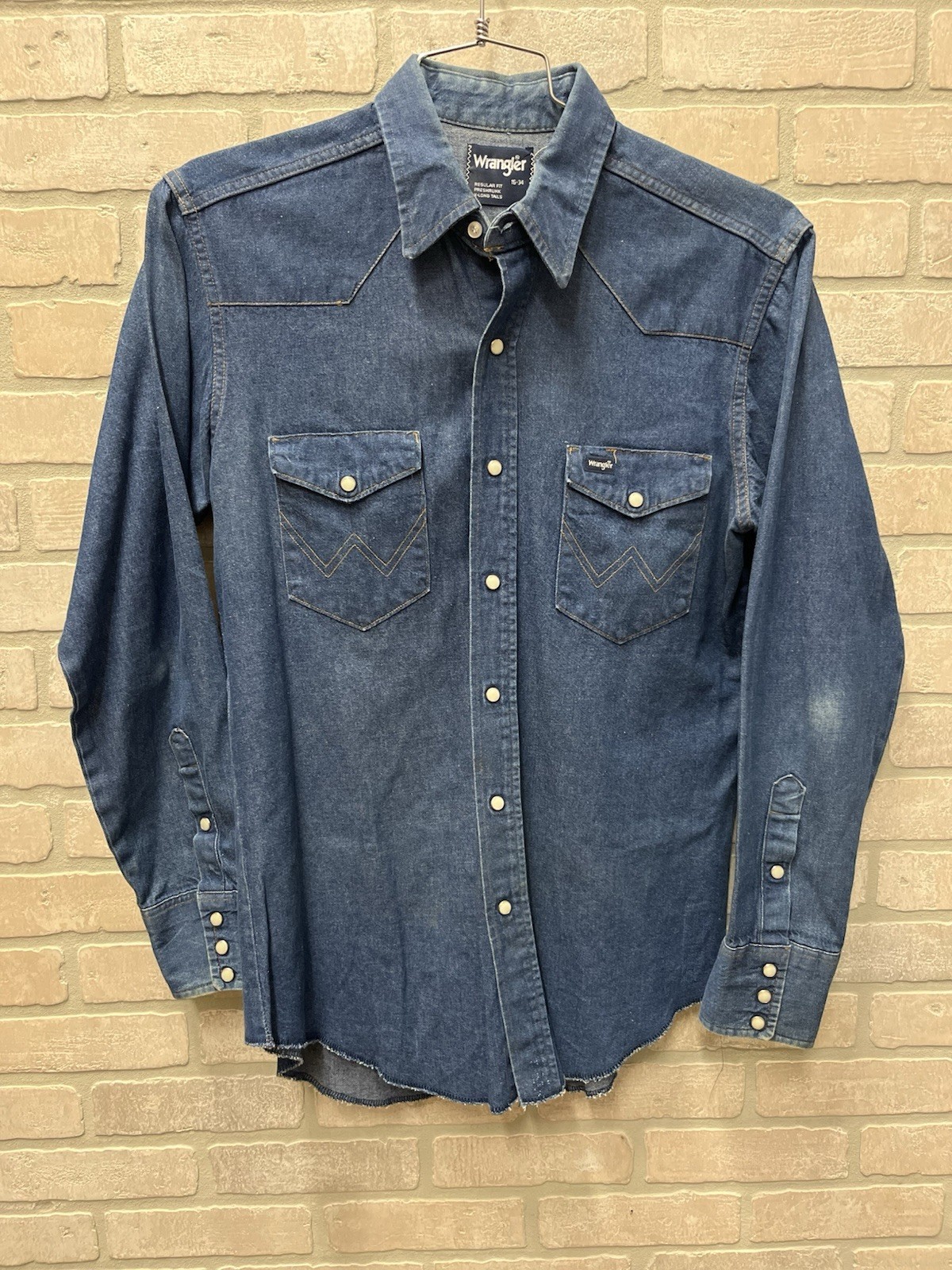 Wrangler Retro Shirt Men\'s 16/34 Light Blue Denim Western Pearl Snap Long Sleeve