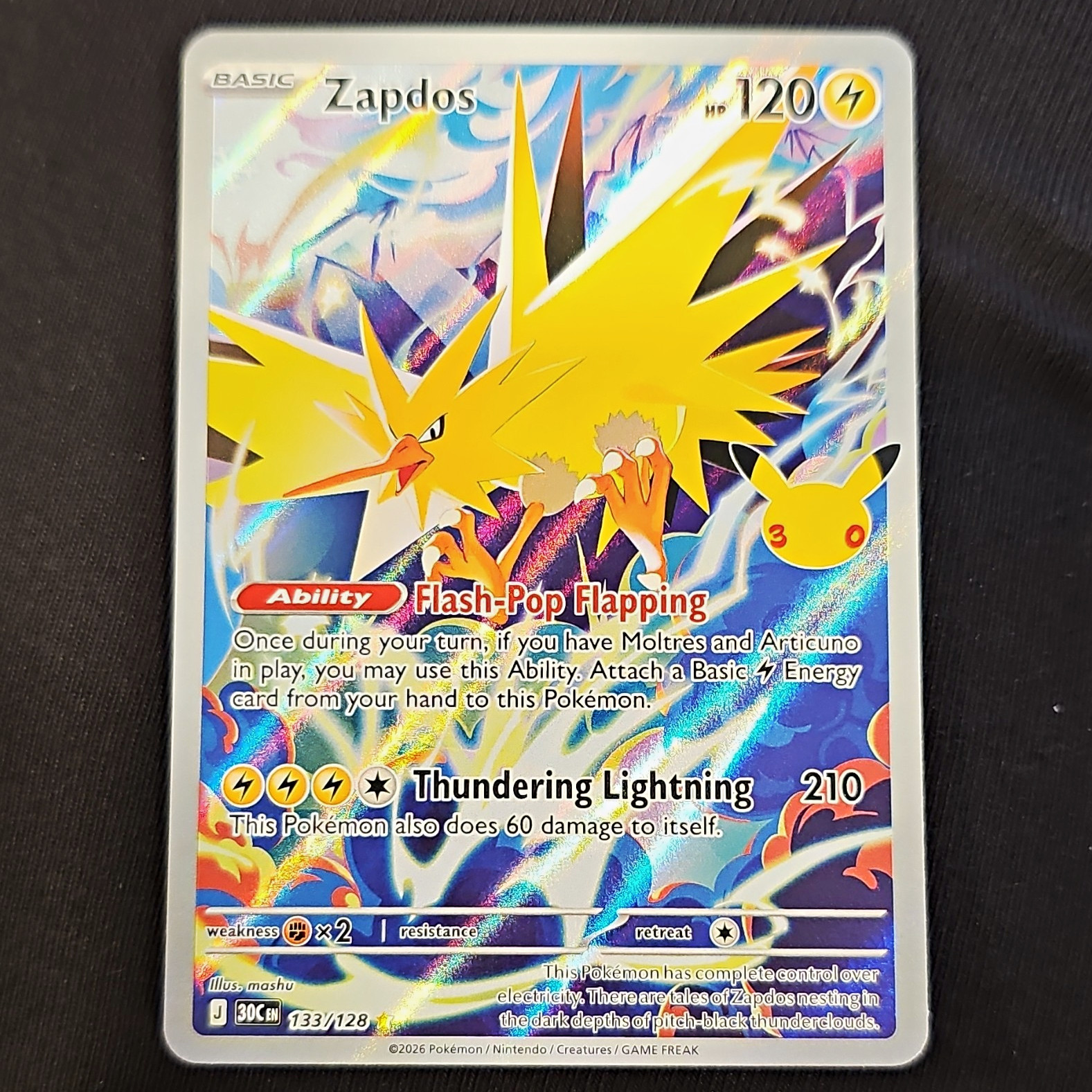 Zapdos 133/128 30th Celebration English Holo Full Art IR 120 HP Zapdos 133/128 30th Celebration English Holo Full Art IR 120 HP