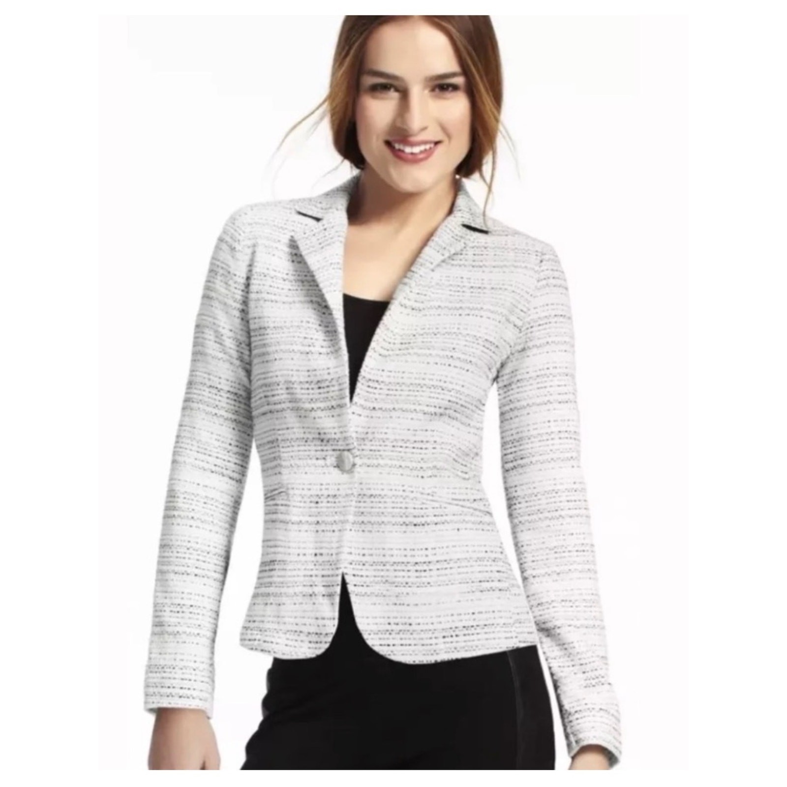 Cabi Womens Ivory Black Stripe Tweed Blazer Button Notch Career Preppy