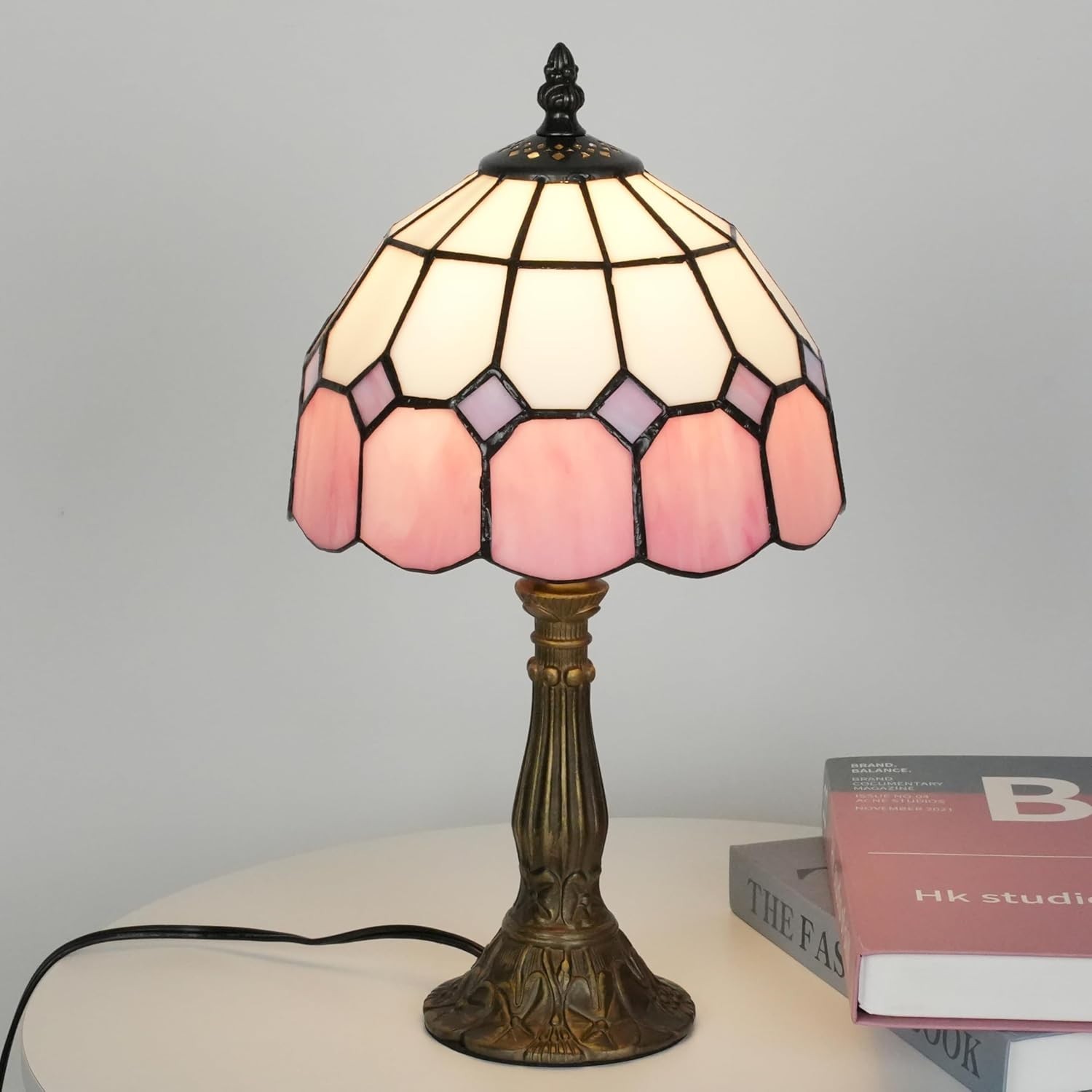 Vintage Tiffany Style Pink Stained Glass Table Lamp for Bedroom or Living Room