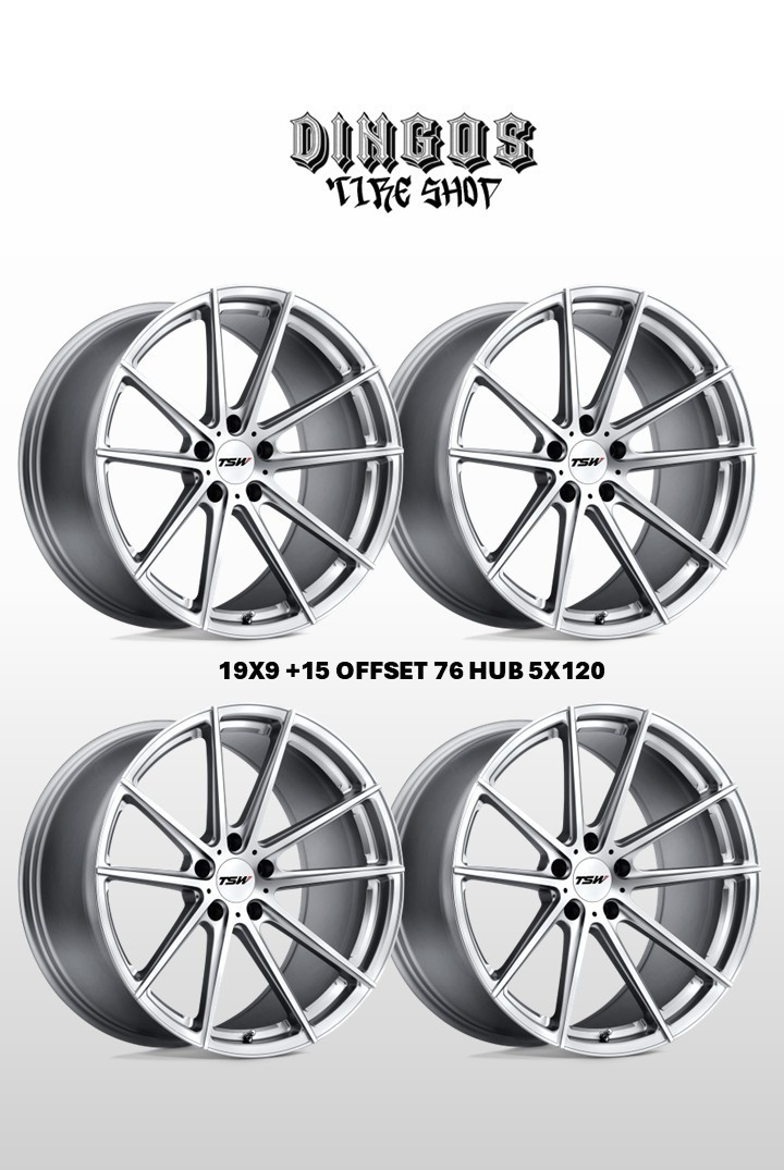 SET- (4) TSW BATHURST 19X9 5X120 +15 OFFSET 76 SILVER/MACHINED-FLOW FORMED SET- (4) TSW BATHURST 19X9 5X120 +15 OFFSET 76 SILVER/MACHINED-FLOW FORMED