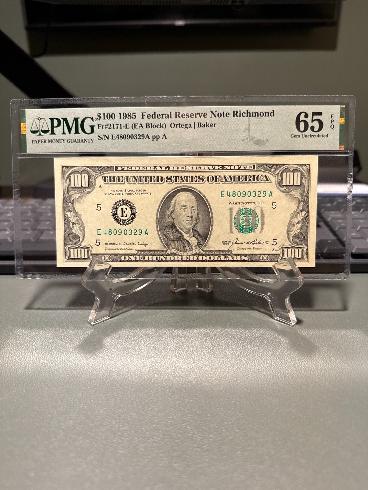 1985 $100 Federal Reserve Note Richmond PMG 65 EPQ Gem Uncirculated Fr2171-E