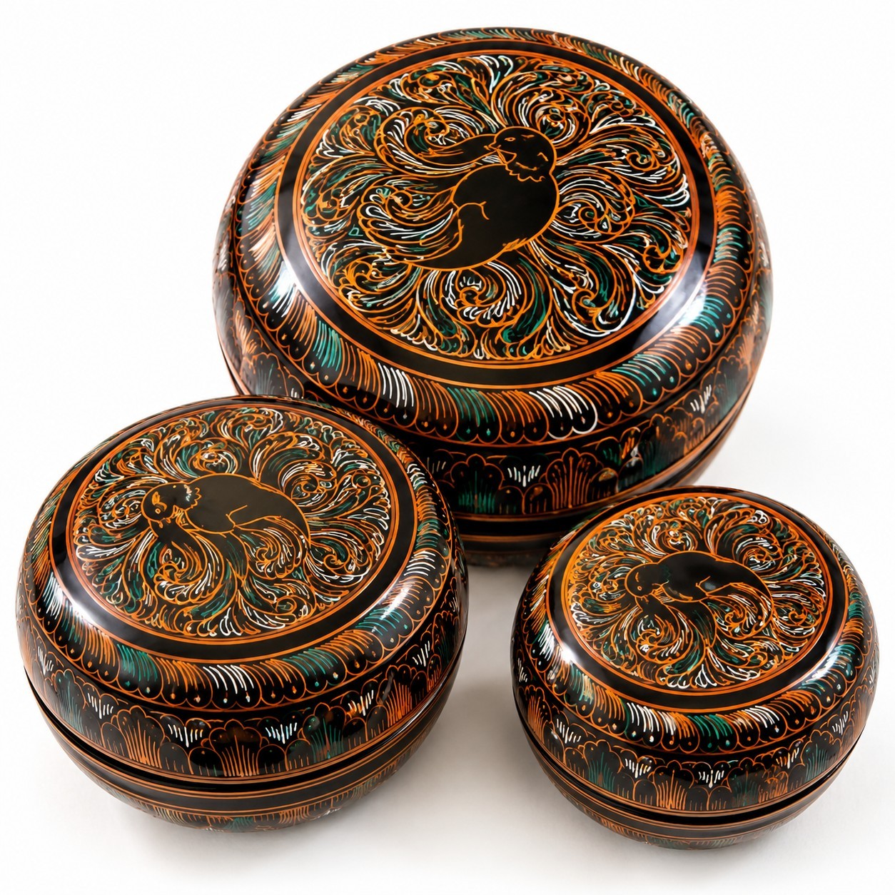 Vintage Burmese Burma Bagan Lacquerware Nesting Boxes Set 3 Peacock Birds 1950s
