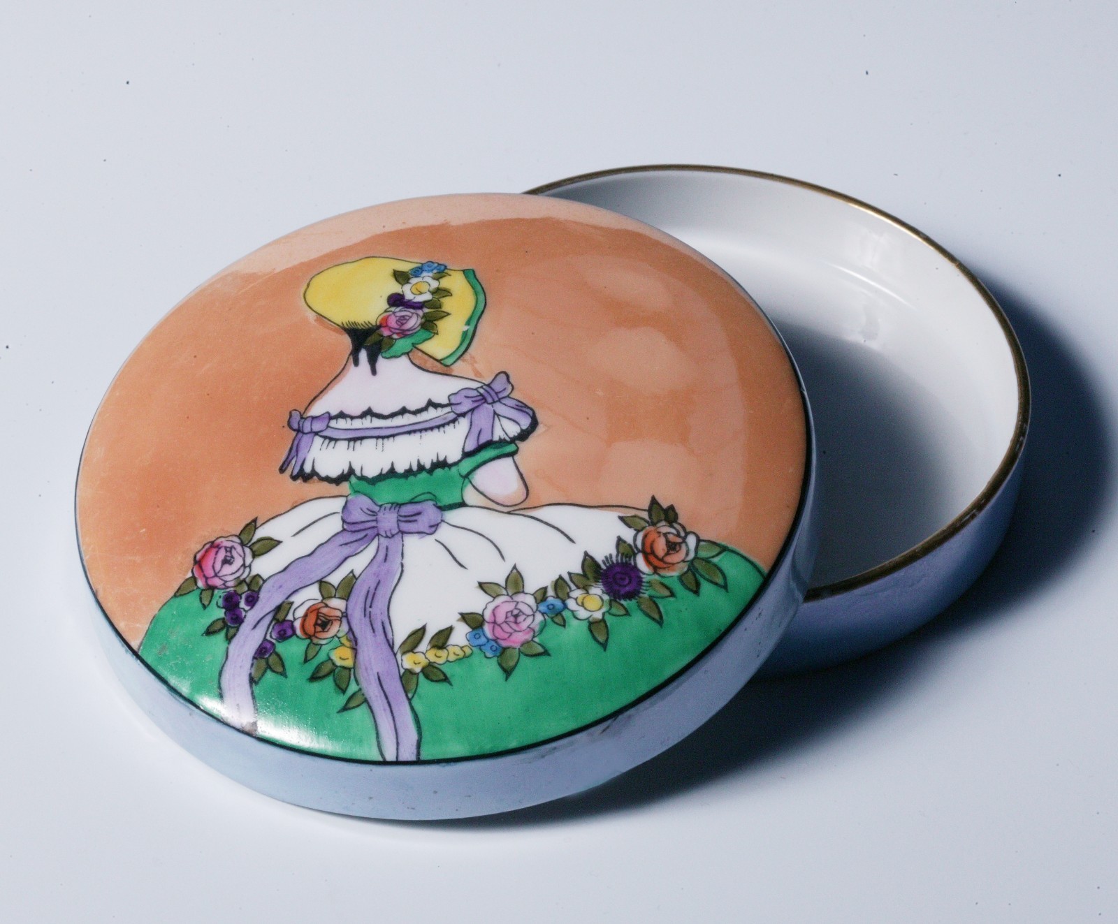 Noritake Deco - Vintage Powder Box - Lady in Green and White Dress with Flowers