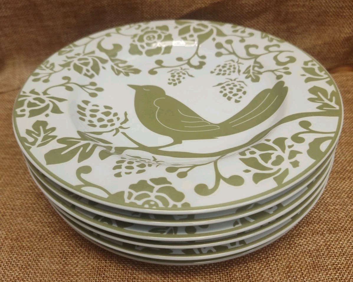 6 Pier 1 Green Bird Salad/Dessert Plates Green Bird Flowers On White 6 Pier 1 Green Bird Salad/Dessert Plates Green Bird Flowers On White