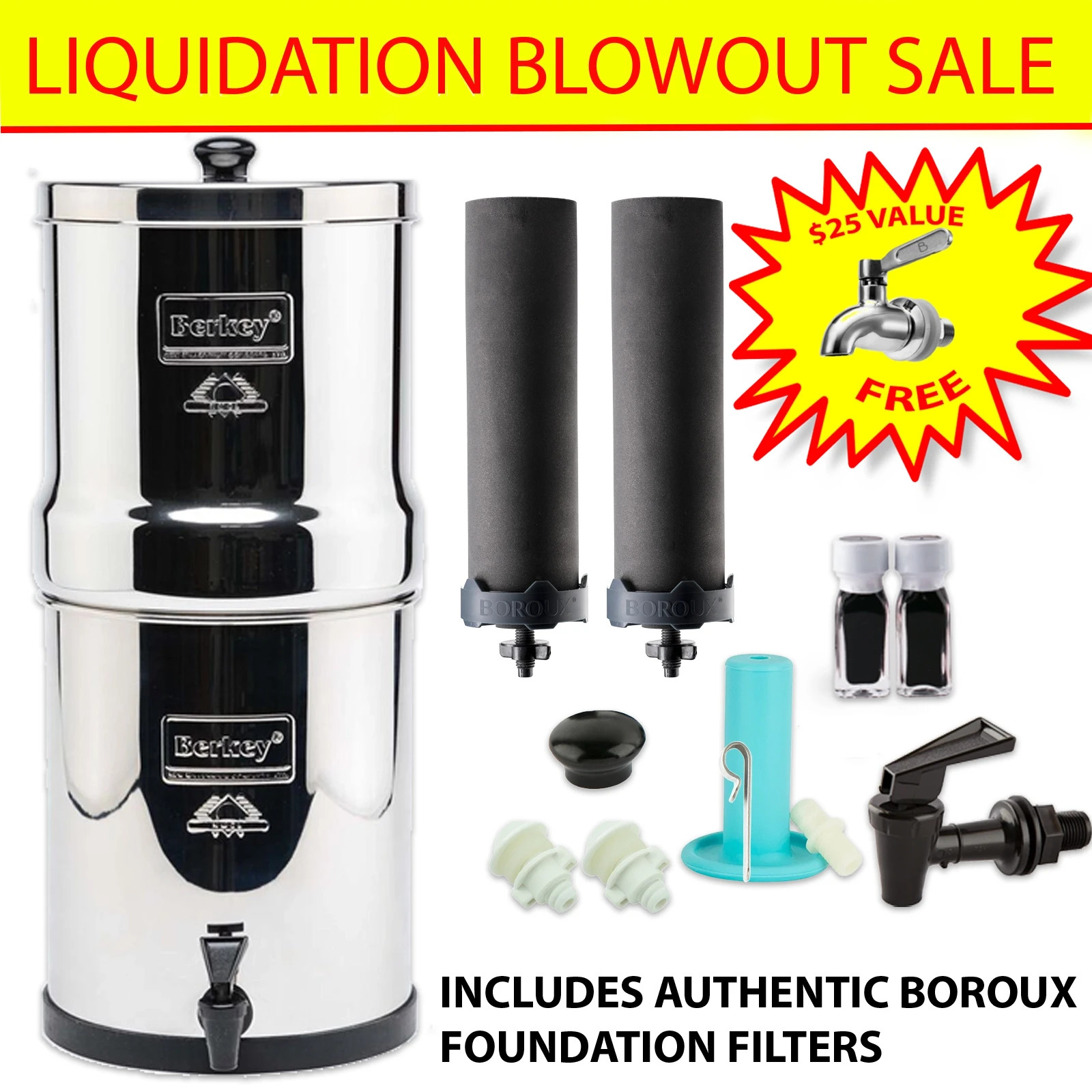 Big Berkey 2.25 Gal Gravity Water Filter w/ 2 Boroux Foundation Black Filters