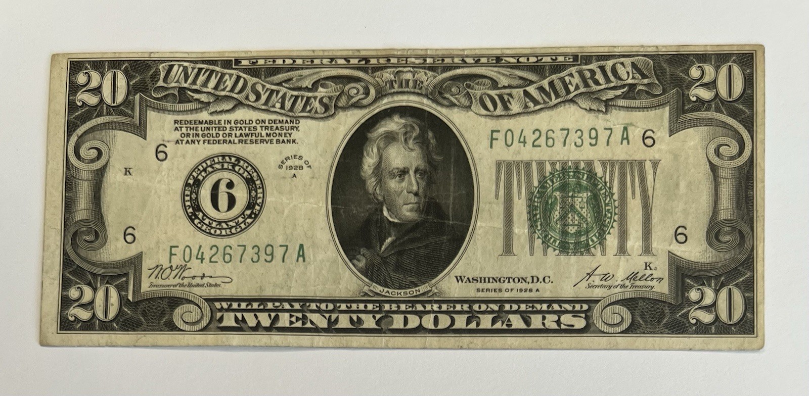 1928A $20 Redeemable in Gold Numerical (6) Atlanta, GA FRN Old Vintage Currency 1928A $20 Redeemable in Gold Numerical (6) Atlanta, GA FRN Old Vintage Currency