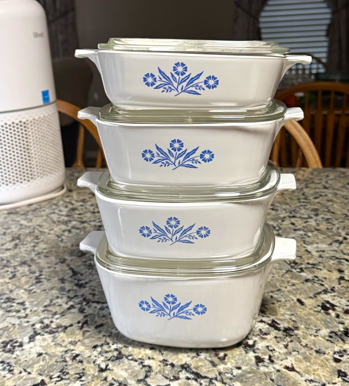 CorningWare Blue Cornflower Square Casserole Set w/ Glass Lids 4pc USA Rare