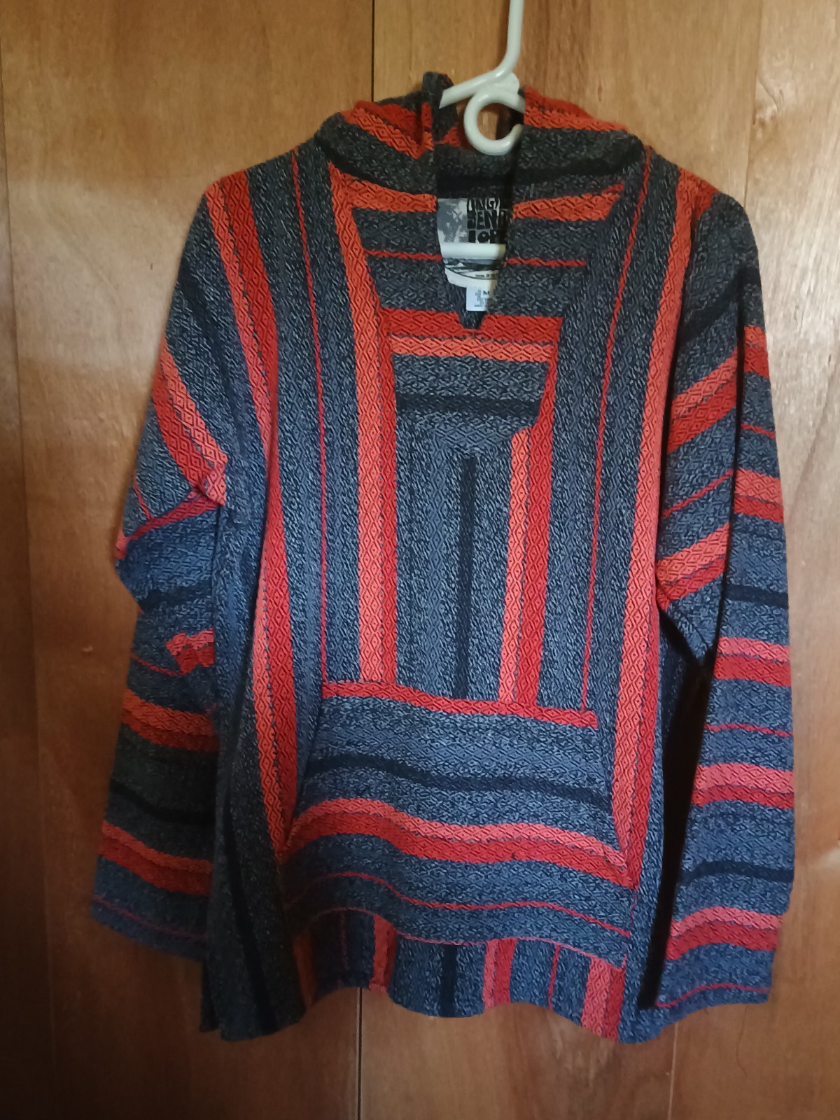 Senor Lopez Baja Hoodie Mens Medium Grey Orange Striped Mexican Poncho Pullover Senor Lopez Baja Hoodie Mens Medium Grey Orange Striped Mexican Poncho Pullover
