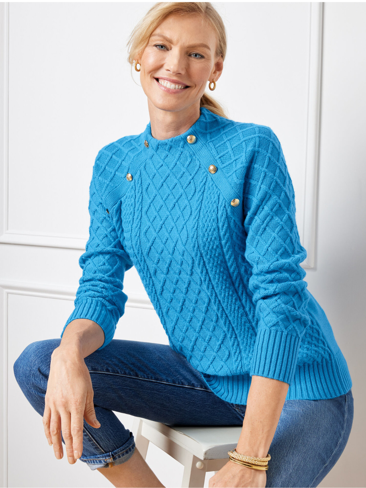 NWT TALBOTS Mockneck Cable Knit Sweater in Blue Size Lp