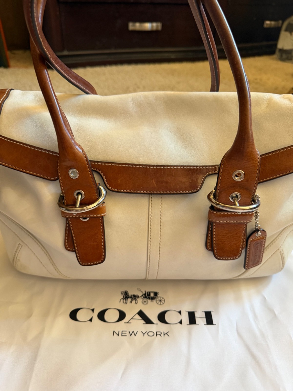 Vintage Coach Hampton Soho Leather Satchel 9636 Cream Brown Y2K Hangtag