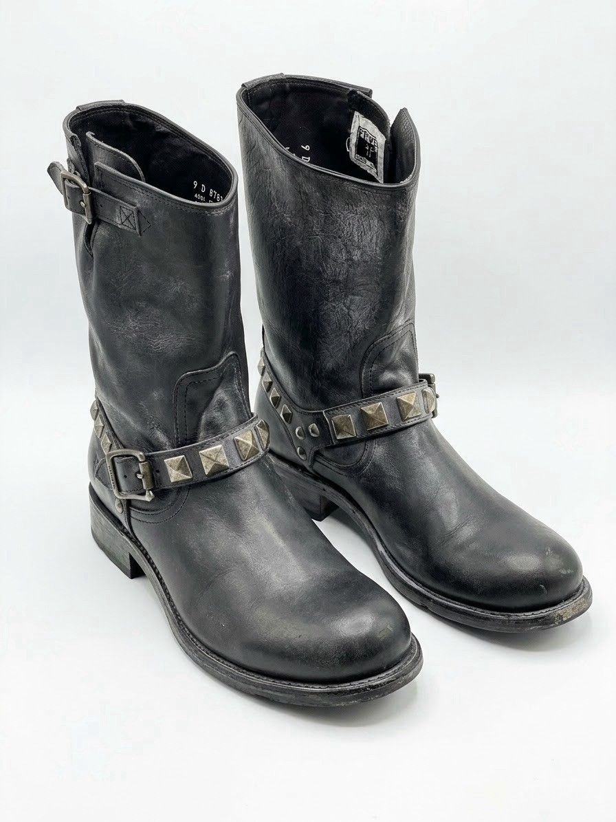 Frye Men’s Rogan Studded Engineer Boot Black 9D Frye Men’s Rogan Studded Engineer Boot Black 9D