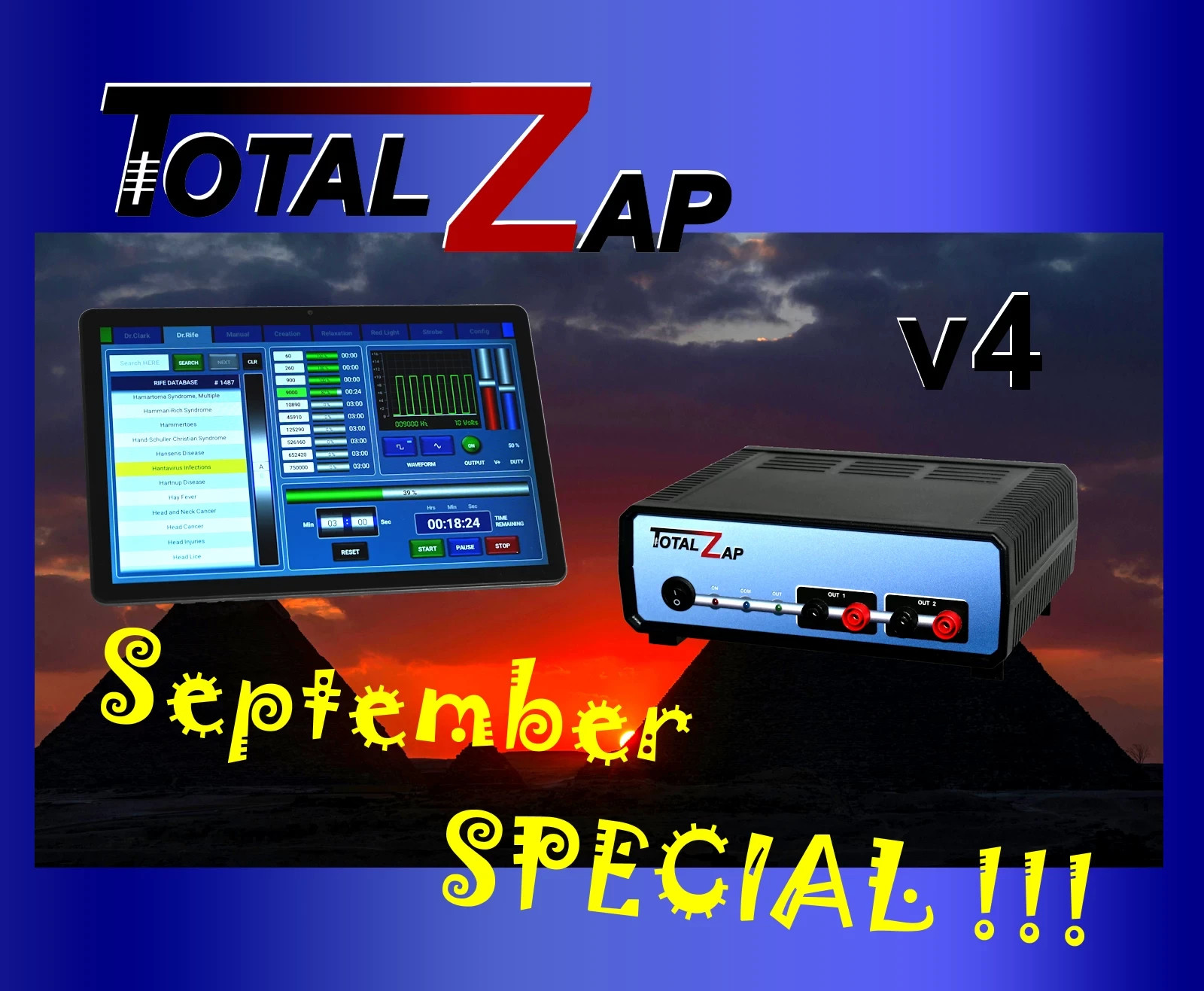 TotalZap v4 Hulda Clark Zapper and Rife Generator with all virus treatments TotalZap v4 Hulda Clark Zapper and Rife Generator with all virus treatments