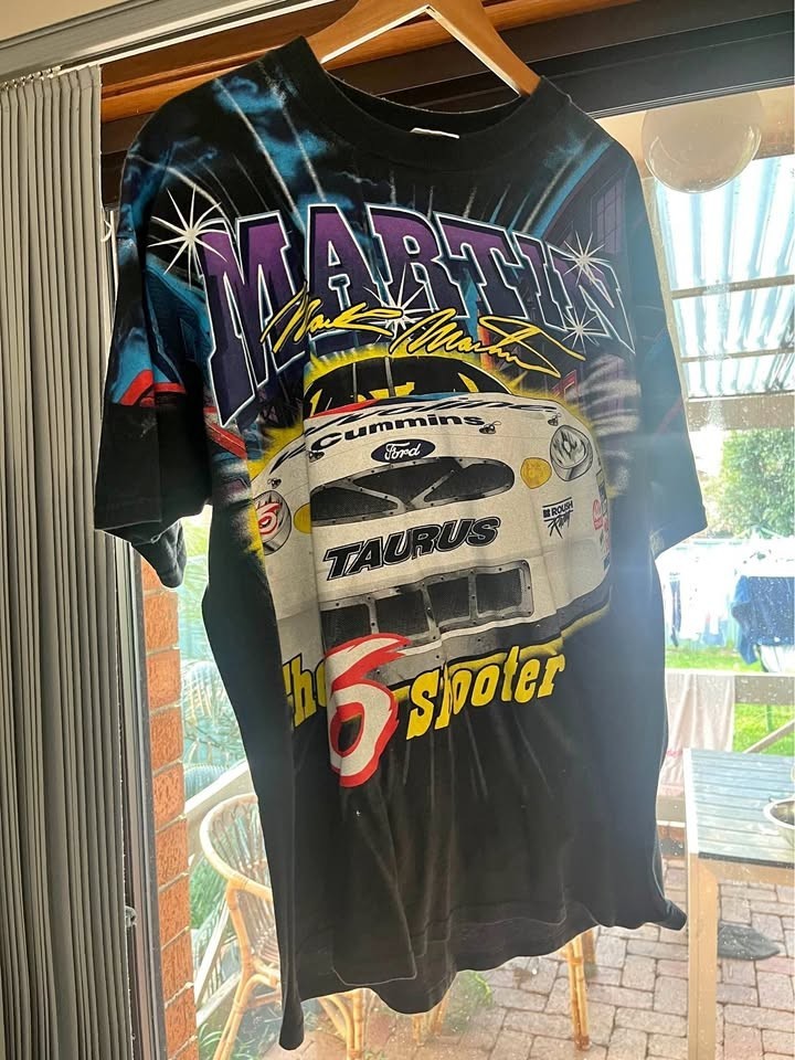 Vintage 1999 Mark Martin NASCAR T Shirt All Over Print AOP 6 Shooter Tultex L XL Vintage 1999 Mark Martin NASCAR T Shirt All Over Print AOP 6 Shooter Tultex L XL