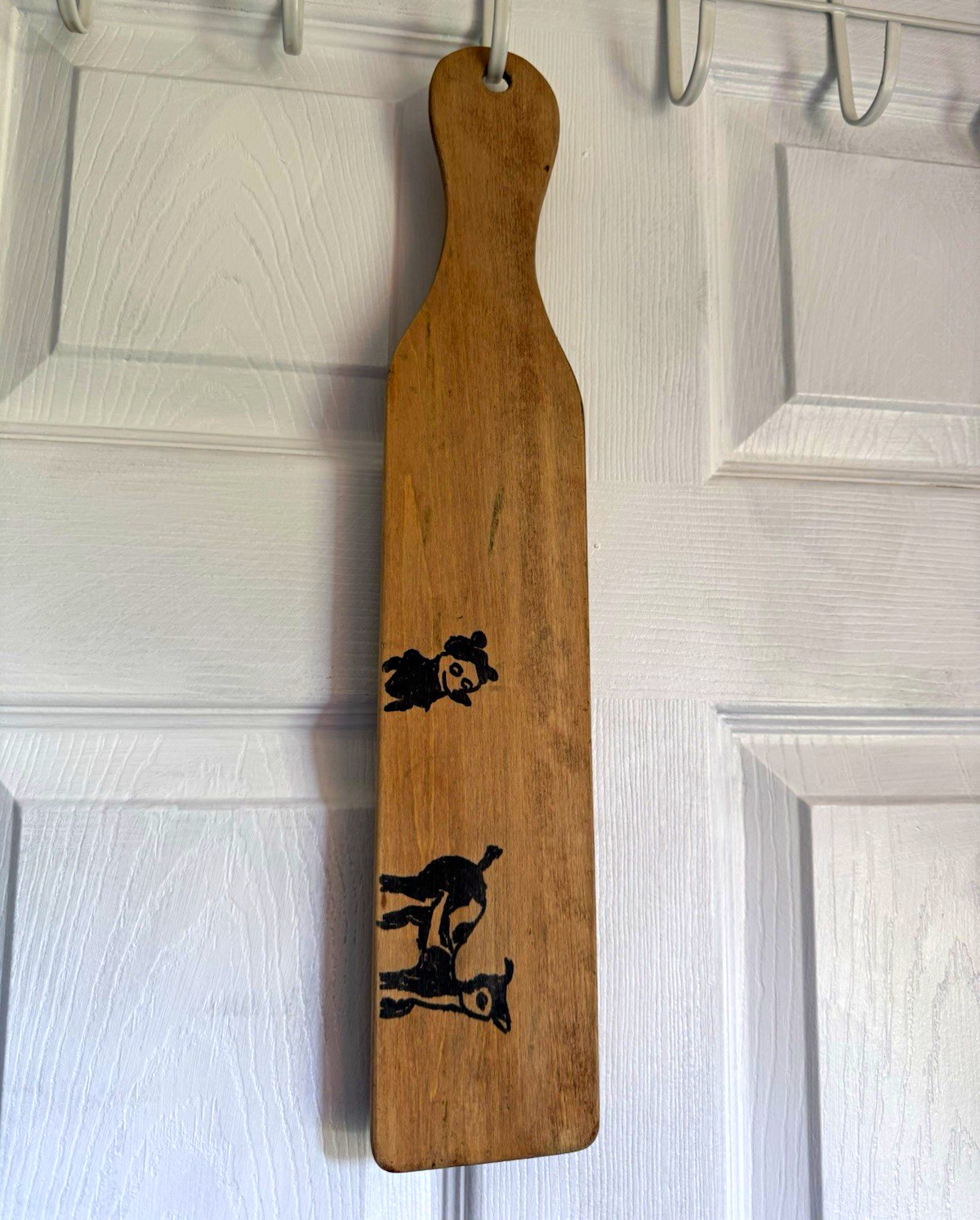 Vintage Folk Art Wooden Paddle Wall Hanging Hand Painted Boy Goat Primitive