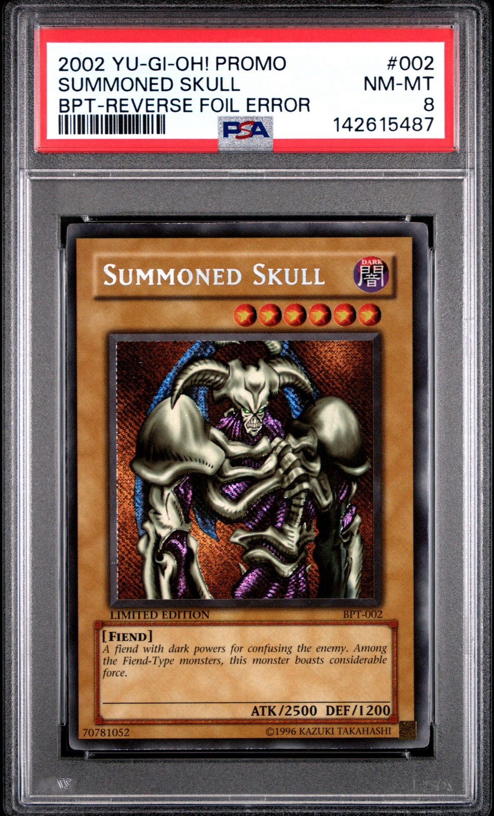 2002 Yu-Gi-Oh Promo Summoned Skull BPT-Reverse Foil Error #002 - PSA 8 NM-MT