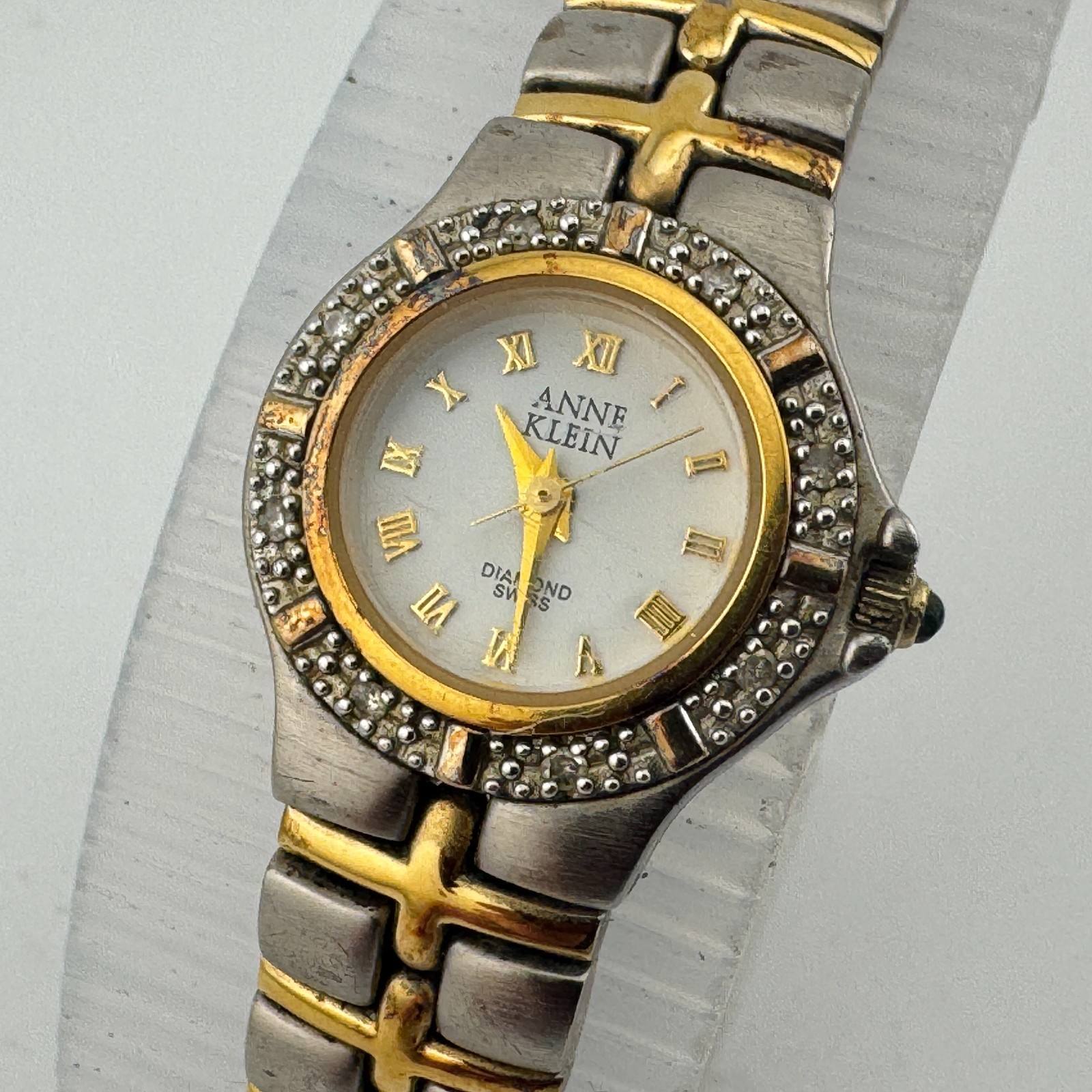 Anne Klein Swiss Quartz Watch 12/7230 Women Dual Tone Diamonds New Battery 6.75
