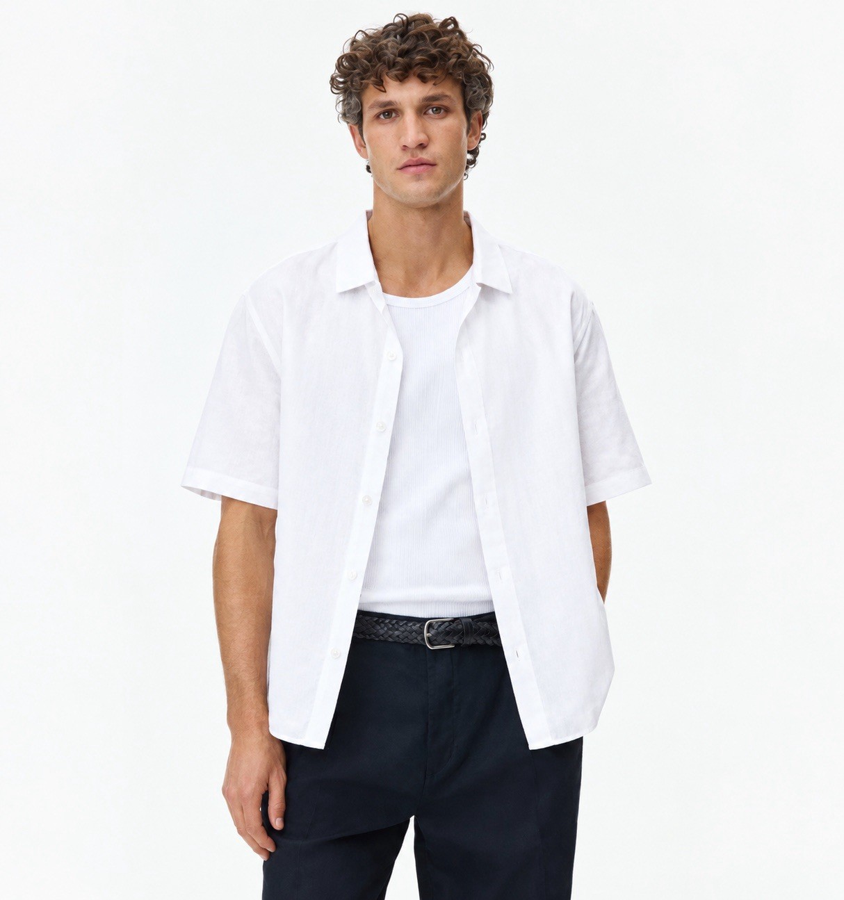 H&M Premium Selection Linen Woven Relaxed Short Sleeve Button-Up Shirt White L