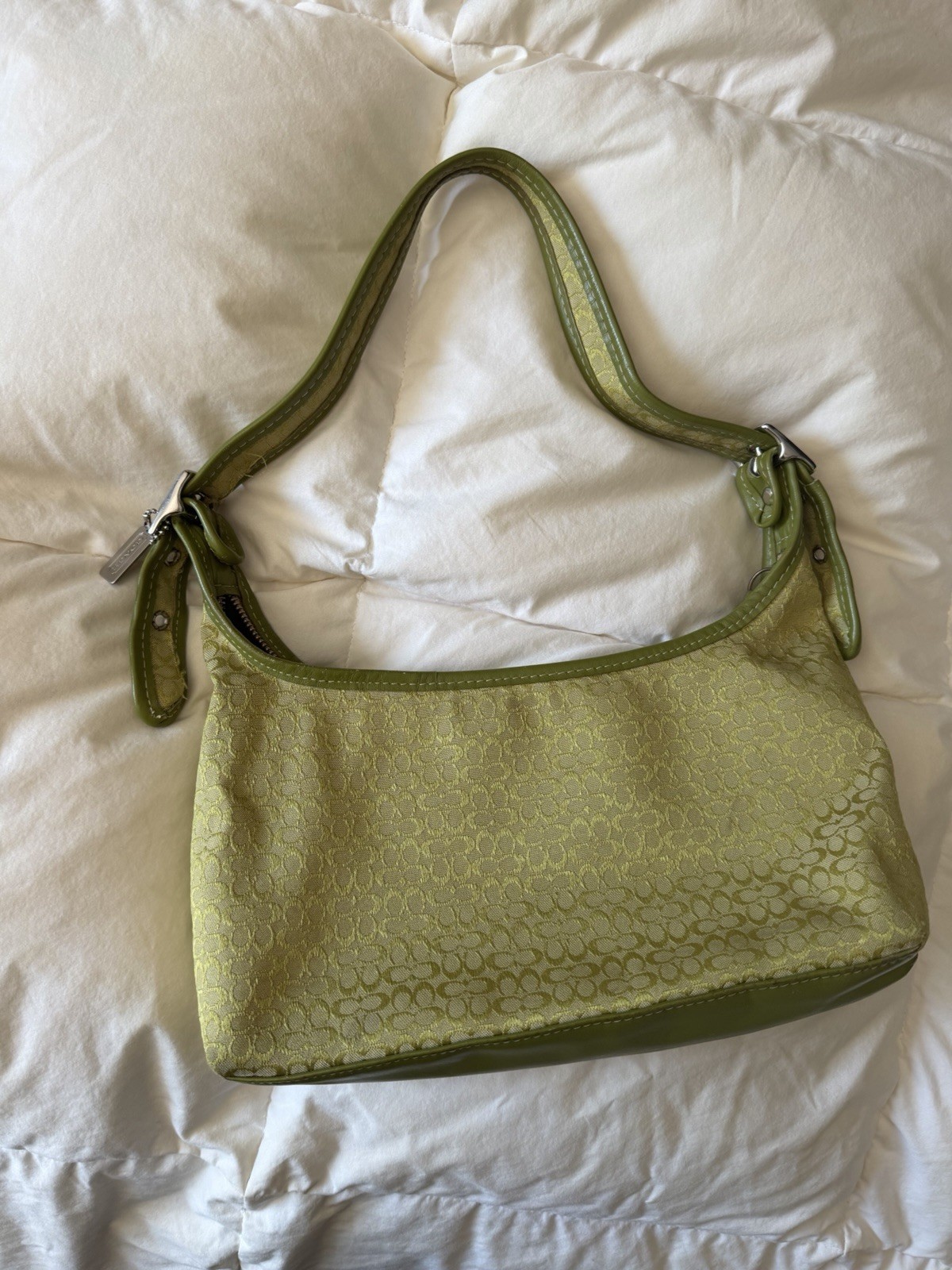 Vintage Coach Y2K Green Signature Jacquard Shoulder Bag Silver Hardware