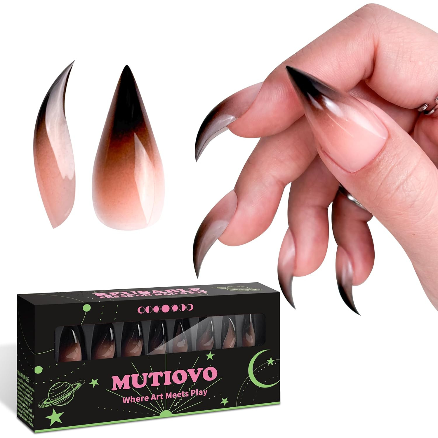 Halloween Reusable Press on Nails Cat Claw Short Curved Stiletto -Black Ombre Pi