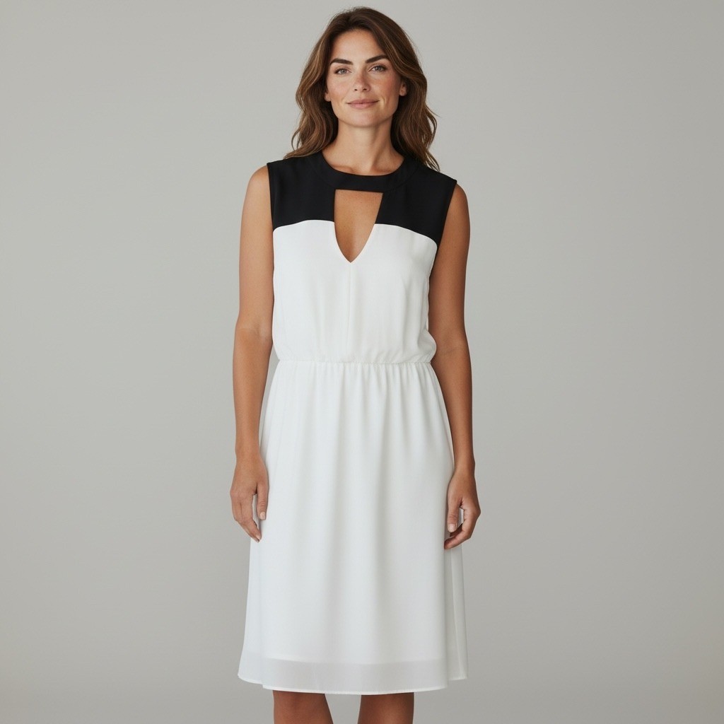 BCBG Maxazria Womens Colorblock Sleeveless Dress 6 Black White Keyhole Neck