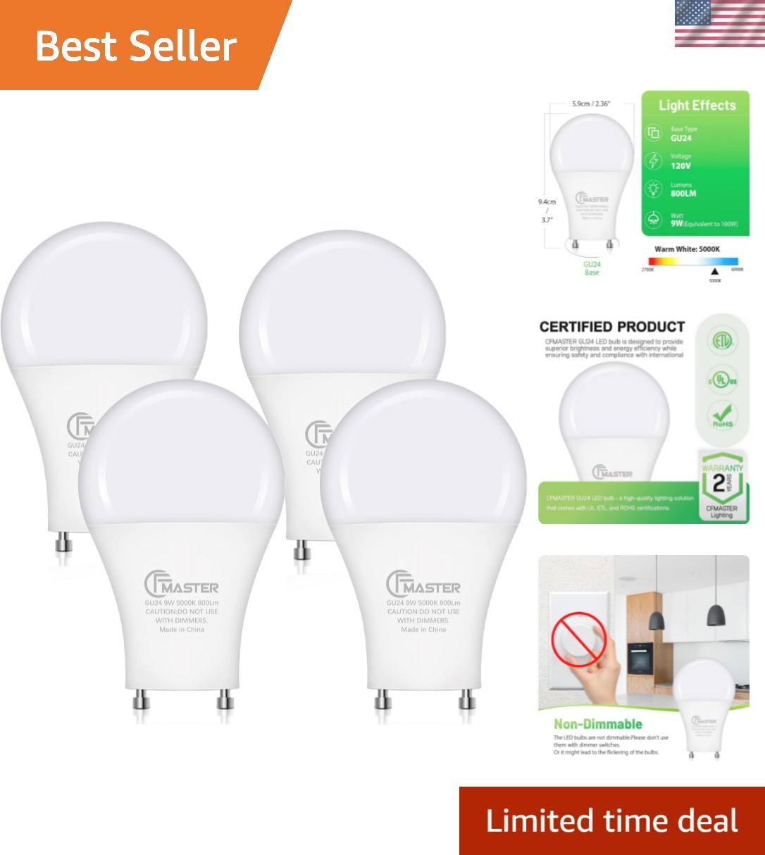 GU24 LED Light Bulb, 5000K Daylight, 9W100W Equivalent, 800 Lumens, A19 Shape... GU24 LED Light Bulb, 5000K Daylight, 9W100W Equivalent, 800 Lumens, A19 Shape...