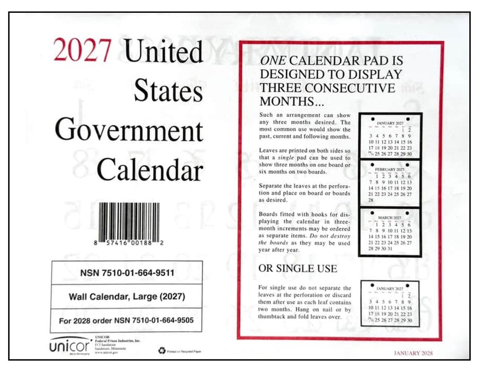 Unicor 2027 Fed Wall Calendar, Qty=1, Individual, Single, Displays 3 Months Unicor 2027 Fed Wall Calendar, Qty=1, Individual, Single, Displays 3 Months