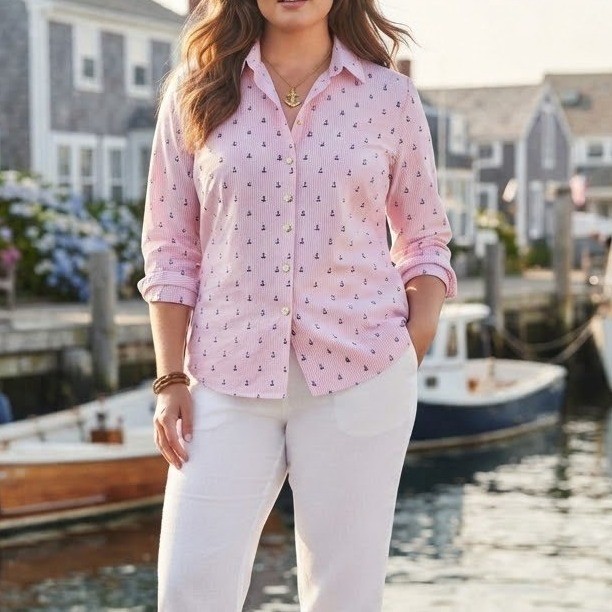 Talbots Pink Stripe Nautical Anchor Sailboat Print Button Down Top Size 2X NWT