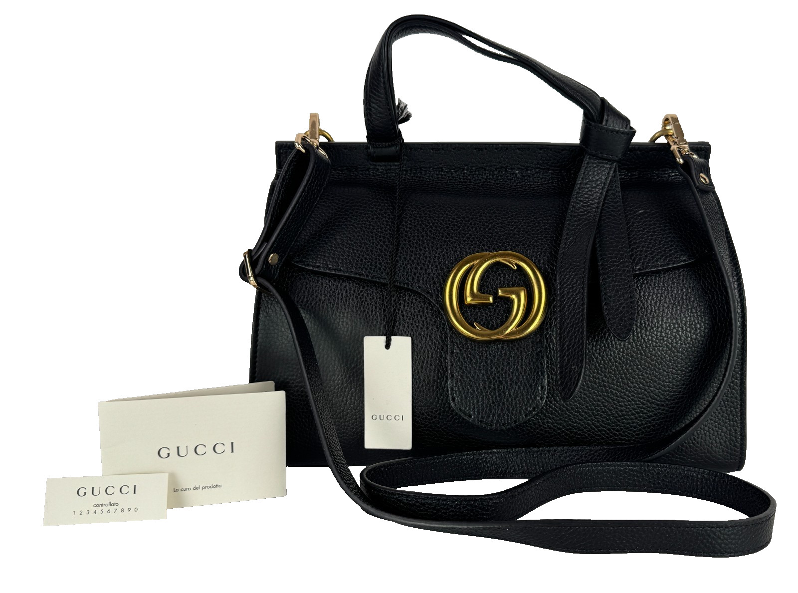 Gucci Auth Black Leather Gold GG Marmont Top Handle Bag Removable Strap