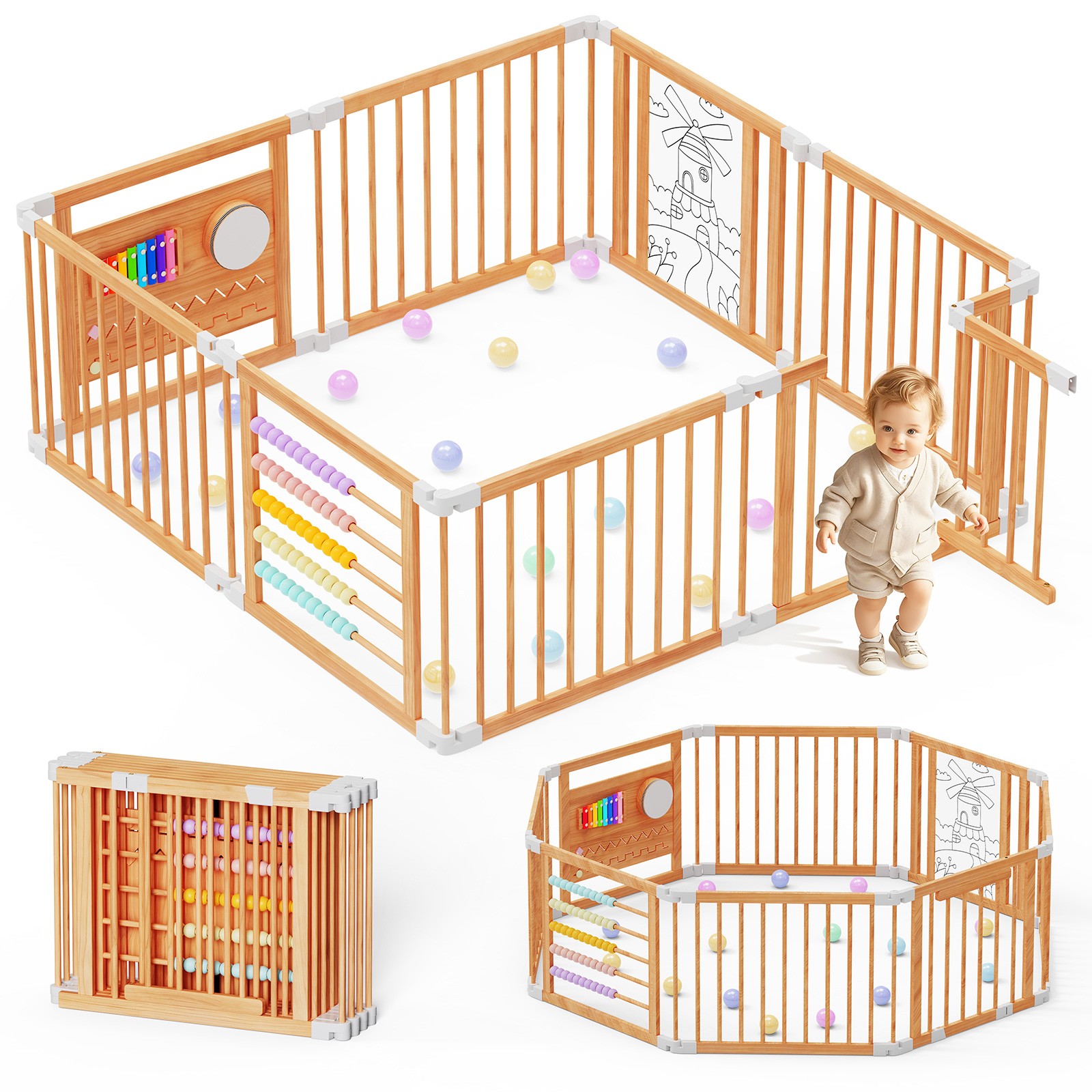 NAIZEA Foldable Wooden Baby Playpen Activity Center Kids FencePlay Area63x63x24