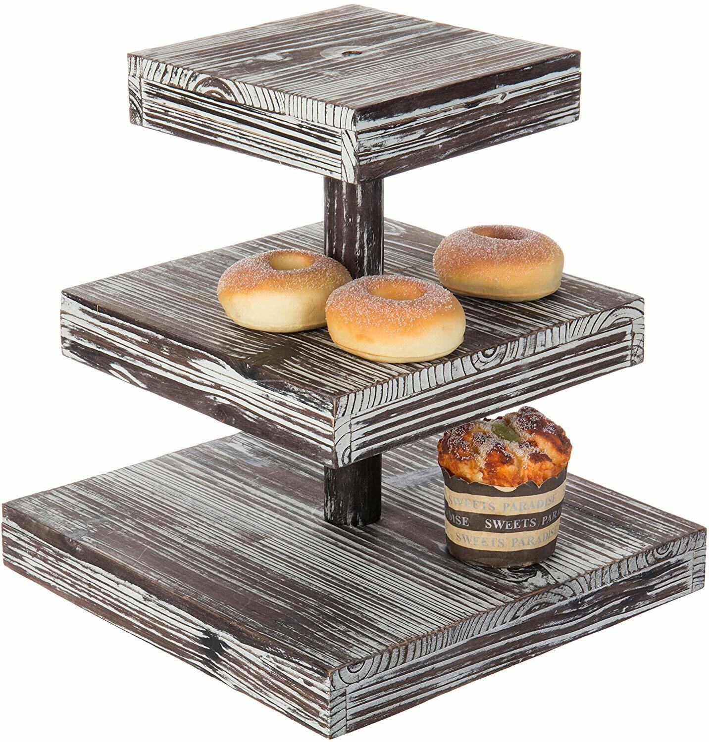 MyGift 12-Inch 3-Tier Torched Wood Dessert/Appetizer Stand