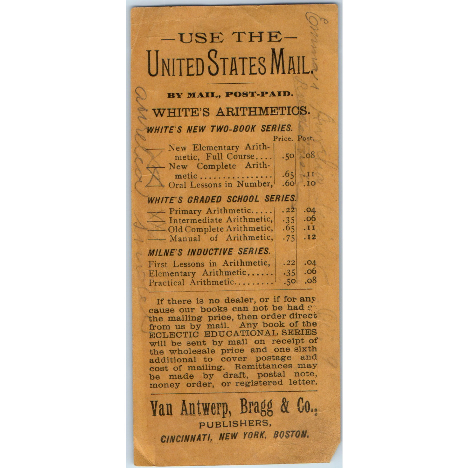 Vtg 1888 Bookmark Card Van Antwerp Bragg & Co White\'s Arithmetics Well Begun