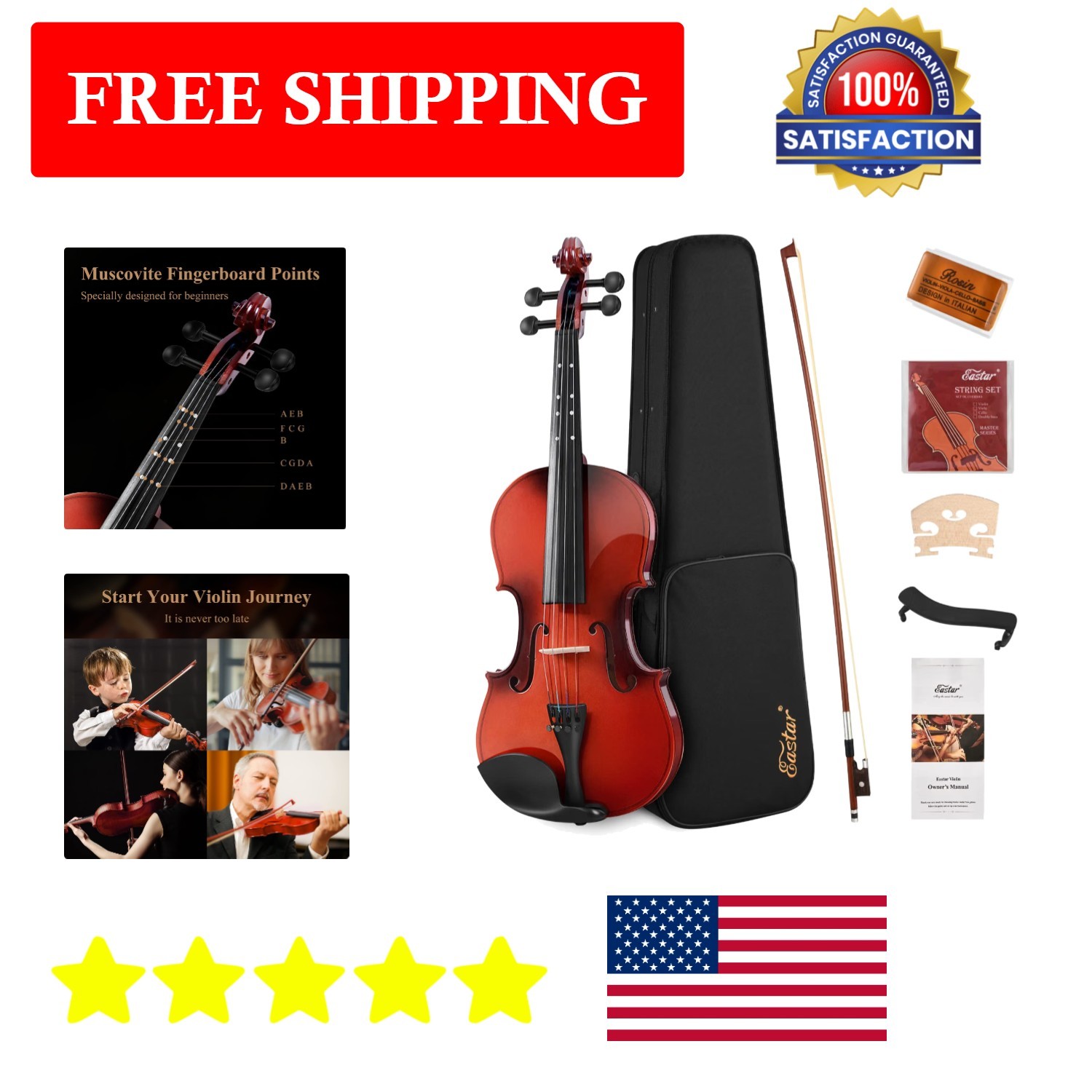 Eastar 3/4 Violin Beginner Kit with Accessories - Perfect for Aspiring Musicians