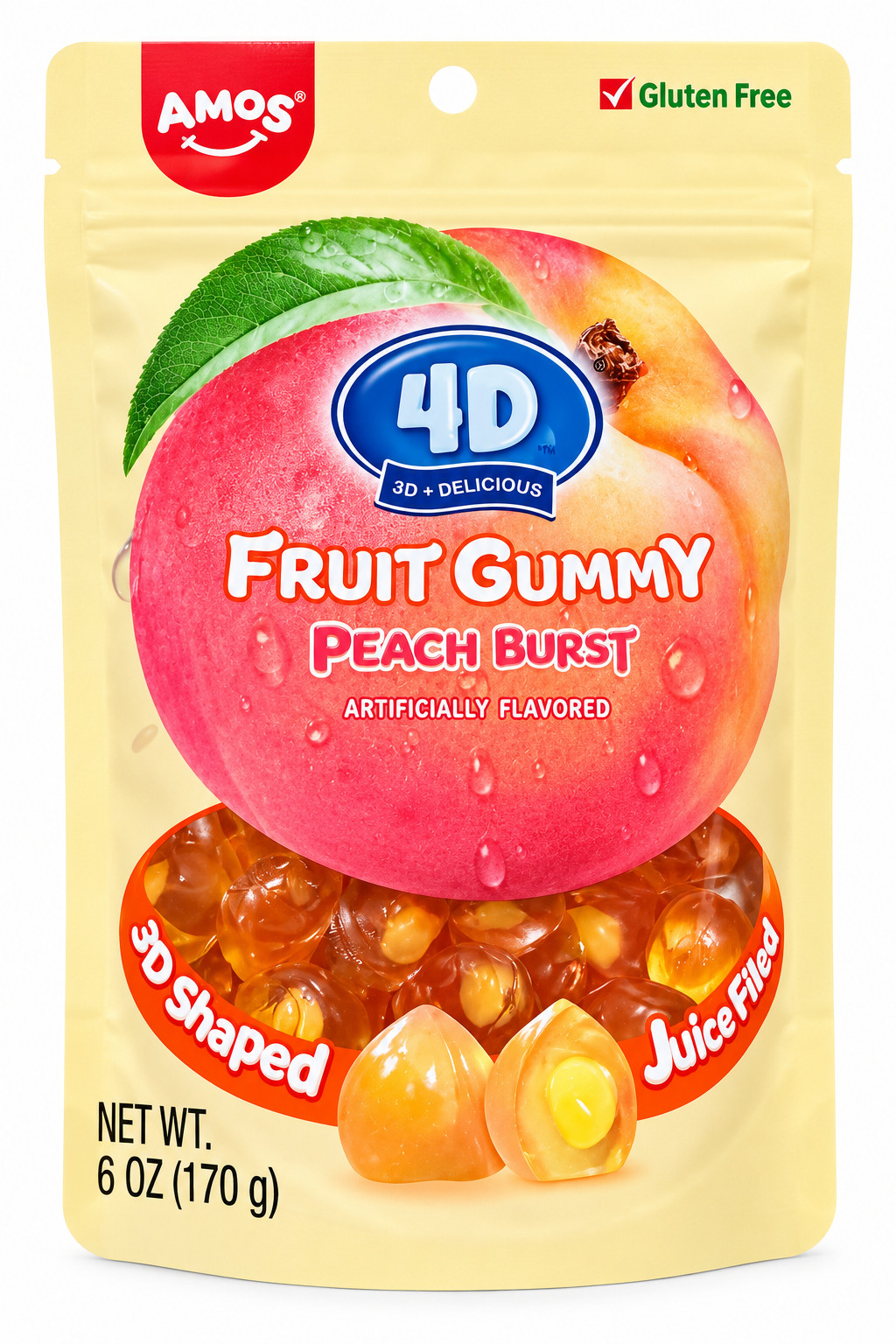 Amos Fruit Burst Peach Gummy Candy 6 oz Bag (case of 12)
