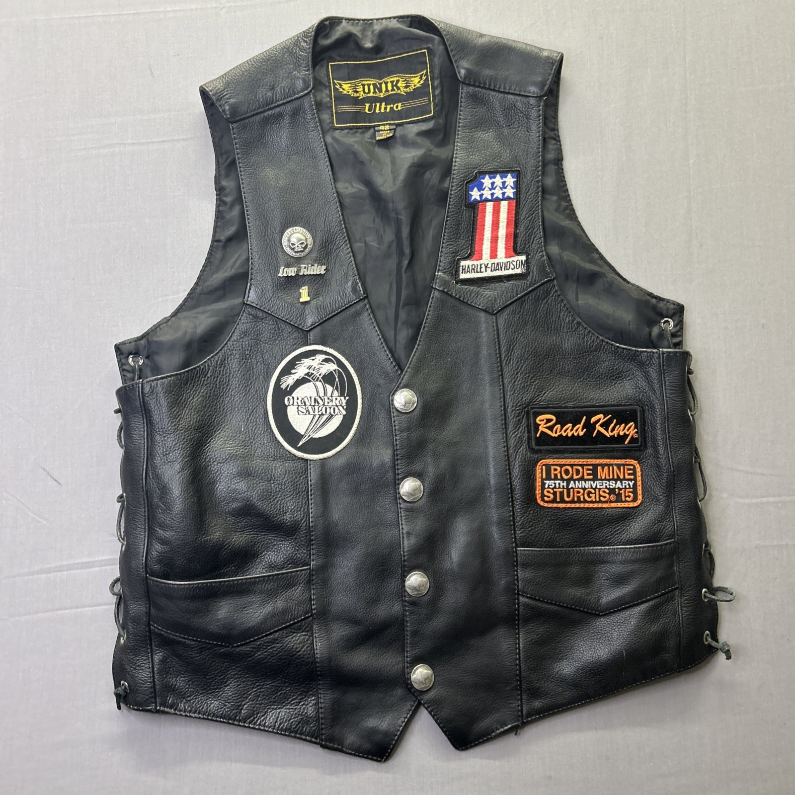 VTG Unik Ultra Leather Motorcycle Vest Harley Patches Pins 42 KANSAS Biker VTG Unik Ultra Leather Motorcycle Vest Harley Patches Pins 42 KANSAS Biker