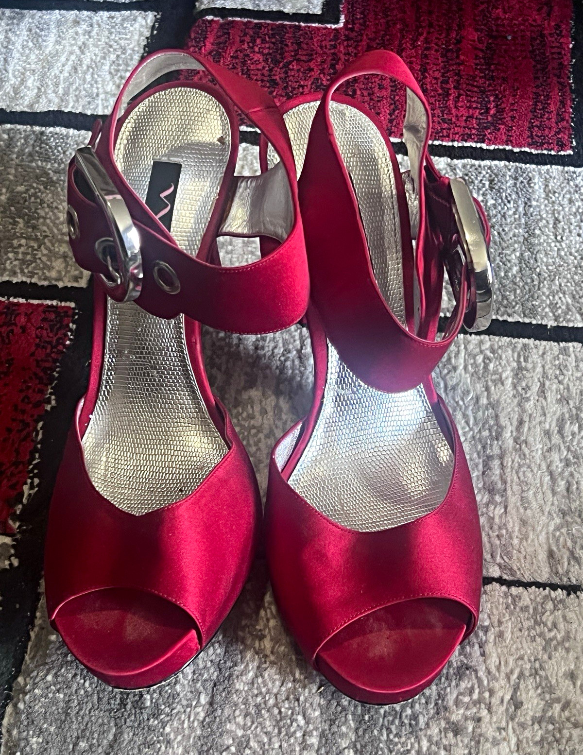 Nina Women’s Red Satin Slingback Peep Toe Ankle Strap Buckle Heel US 9