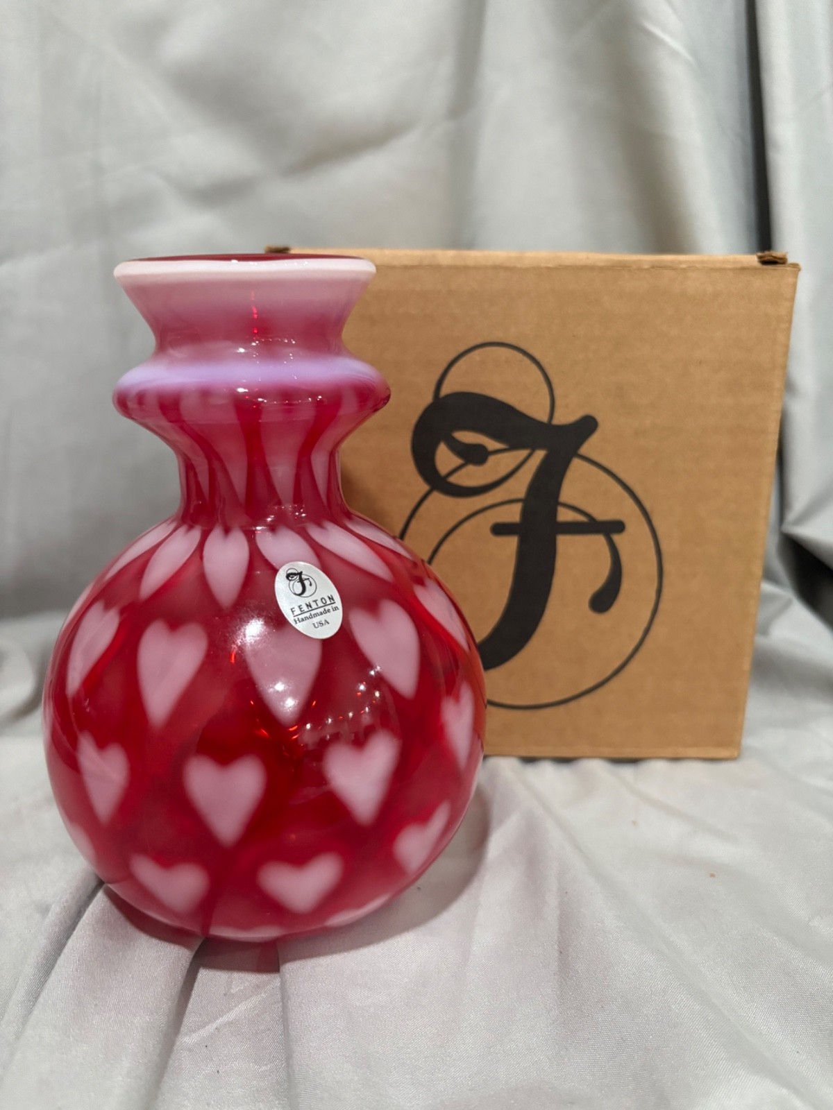 Fenton 4952 U7 Ruby Opalescent Hearts Optic Vase NIB Numbered 685 Tags Fenton 4952 U7 Ruby Opalescent Hearts Optic Vase NIB Numbered 685 Tags