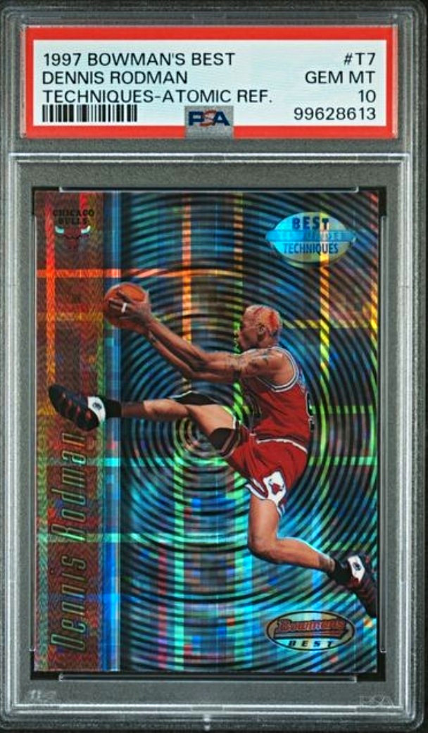 Bowman 1997 Bowman's Best Dennis Rodman Techniques Atomic Refractor #T7 PSA 10 Bowman 1997 Bowman's Best Dennis Rodman Techniques Atomic Refractor #T7 PSA 10