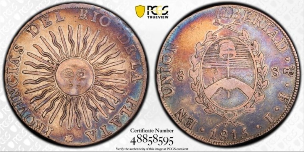 1815 PTS FL Argentina Sun Face 8 Soles PCGS VF 30 MONSTER TONED 1815 PTS FL Argentina Sun Face 8 Soles PCGS VF 30 MONSTER TONED
