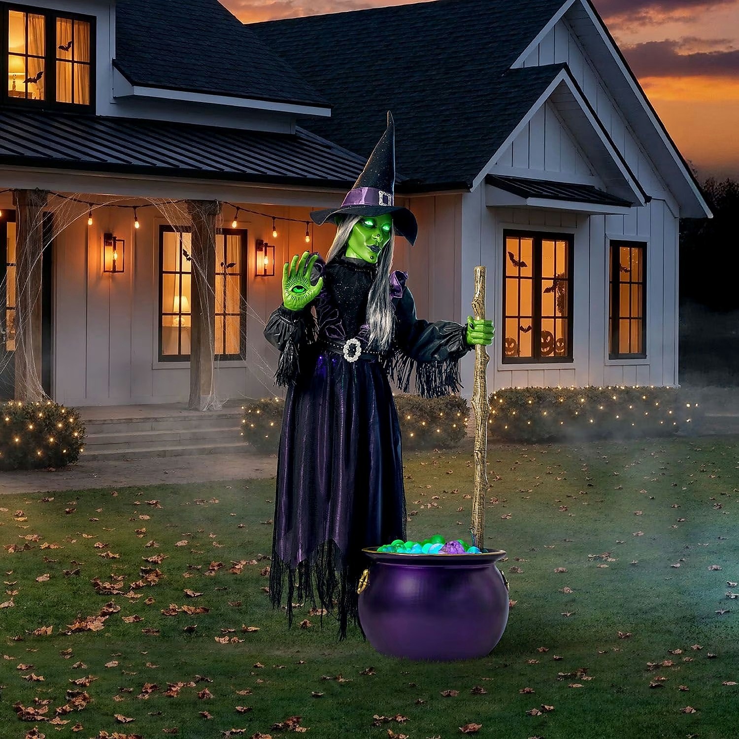 6.5 FT Animated Floating Witch Halloween Prop LED Eyes Sound Cauldron Decor