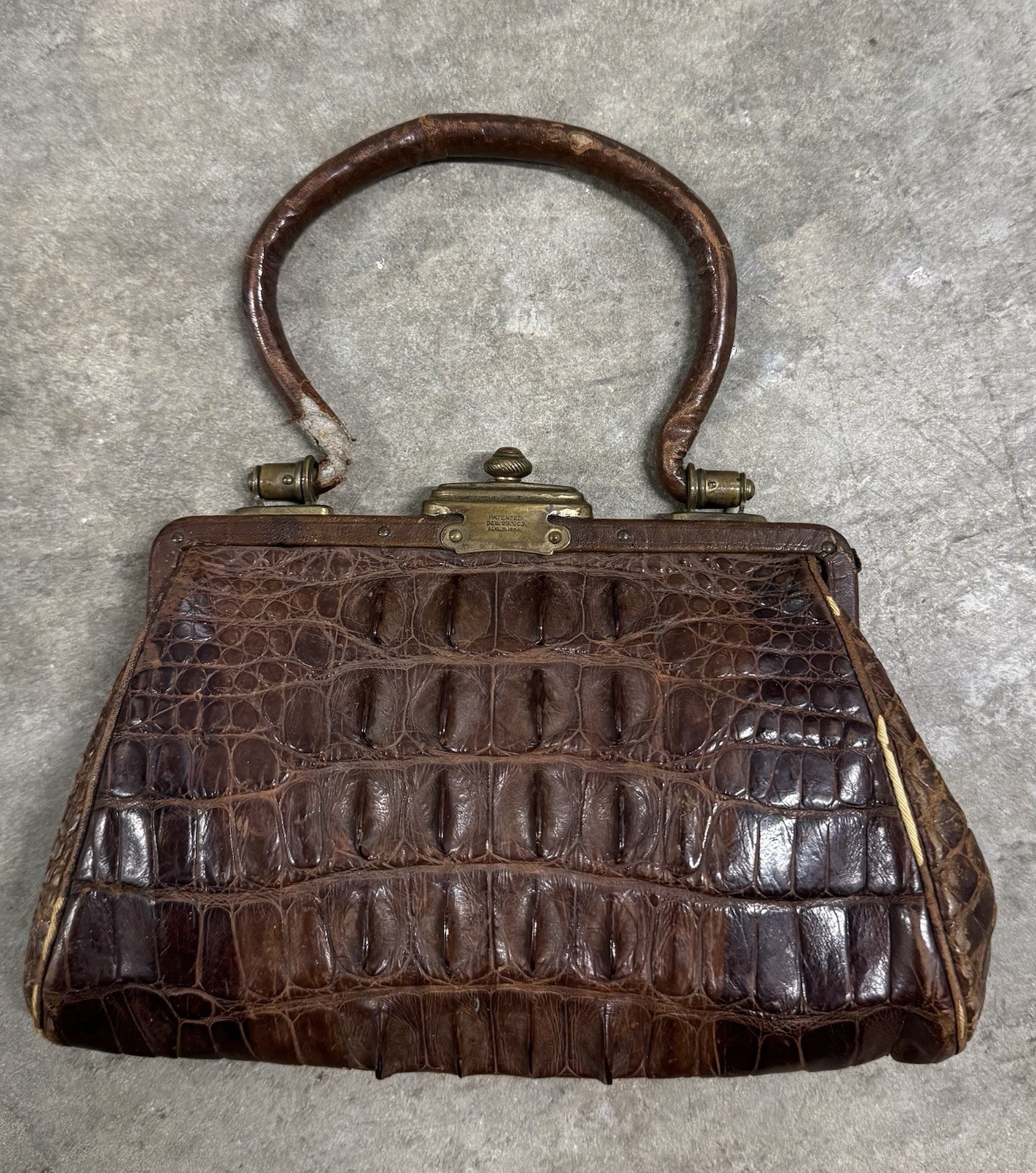 Antique Hornback Alligator Leather Purse Victorian Era Patent 1904 Handbag 1900s Antique Hornback Alligator Leather Purse Victorian Era Patent 1904 Handbag 1900s