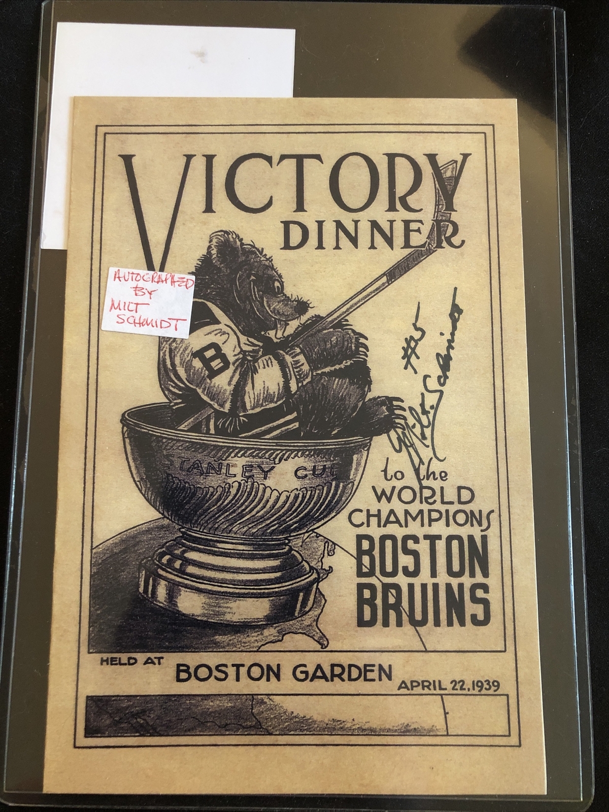 Milt Schmidt Signed COAReplica 1939 Stanley Cup Champions Victory Dinner Program Milt Schmidt Signed COAReplica 1939 Stanley Cup Champions Victory Dinner Program