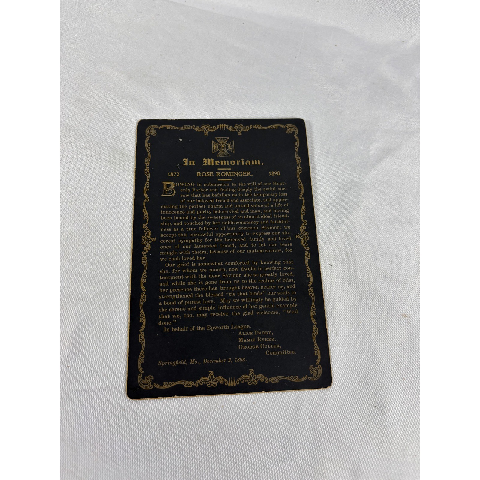 Antique 1898 Rose Rominger Funeral Memorial Card Springfield Missouri Ephemera